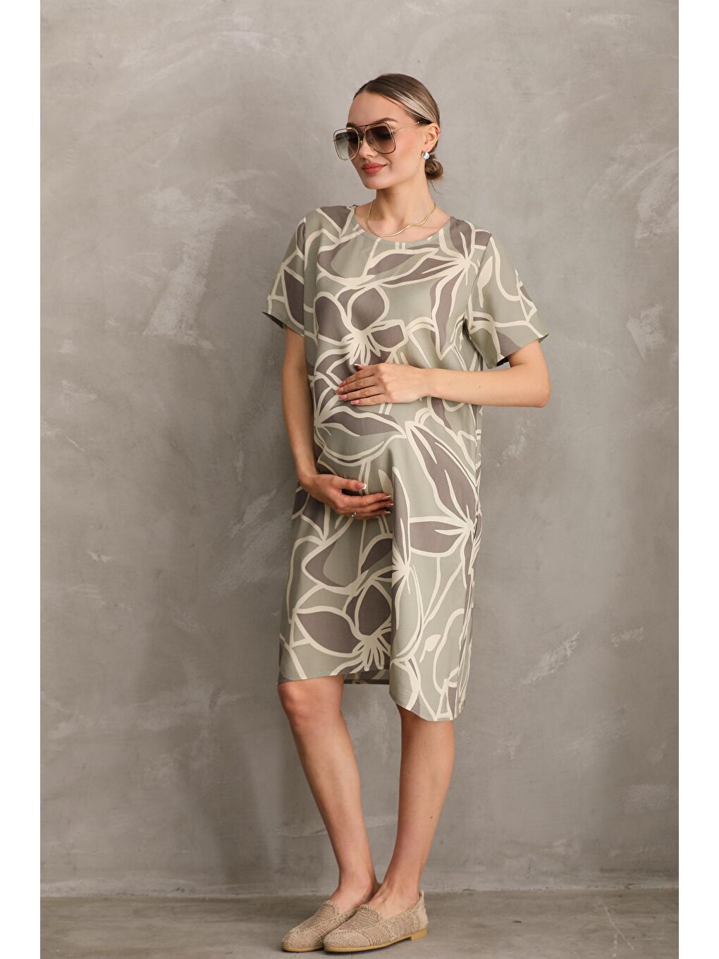 Yeşil Hamile Baskılı Midi Kısa Kol Yandan Cepli Elbise-2