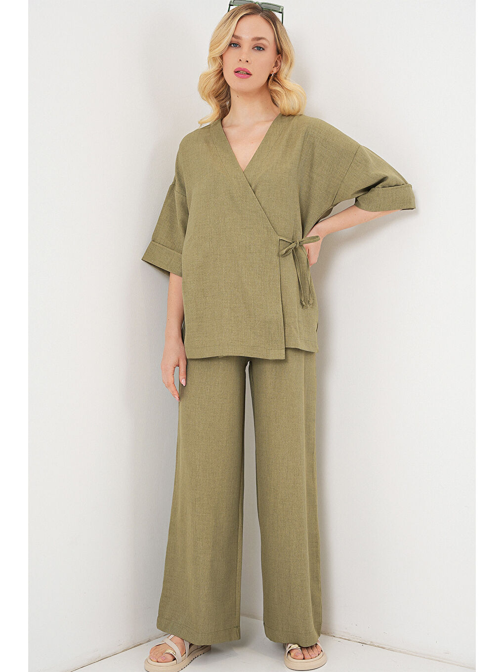 Yeşil Kadın Önü Bağlamalı Alt Üst Takım 6745 - Çağla-3