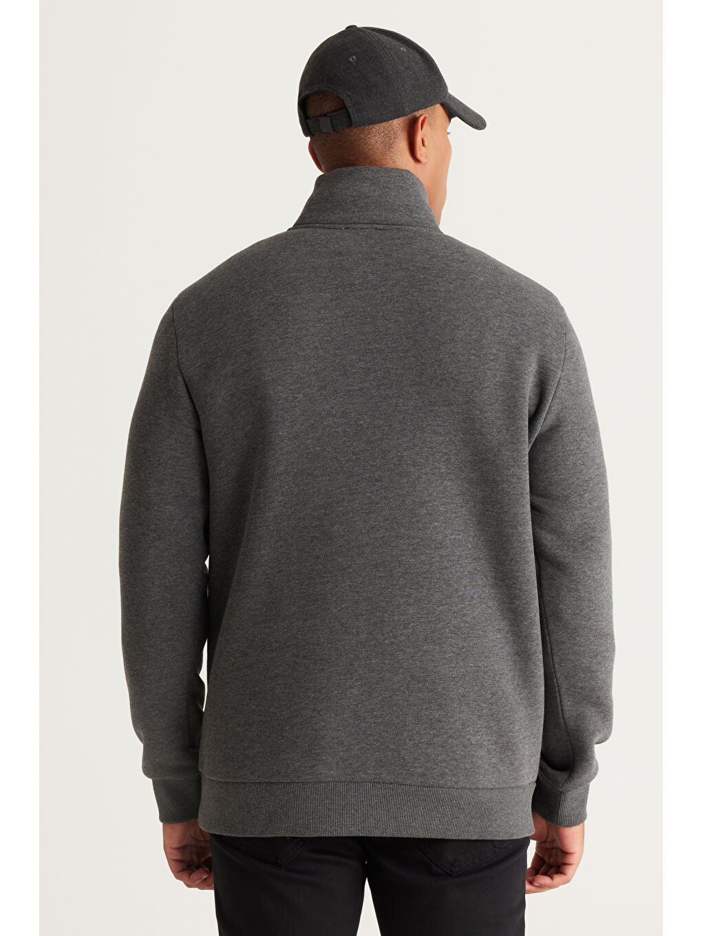 Erkek Antrasit-Melanj Standart Fit Normal Kesim İçi Polarlı Bato Yaka Pamuklu Sweatshirt-5