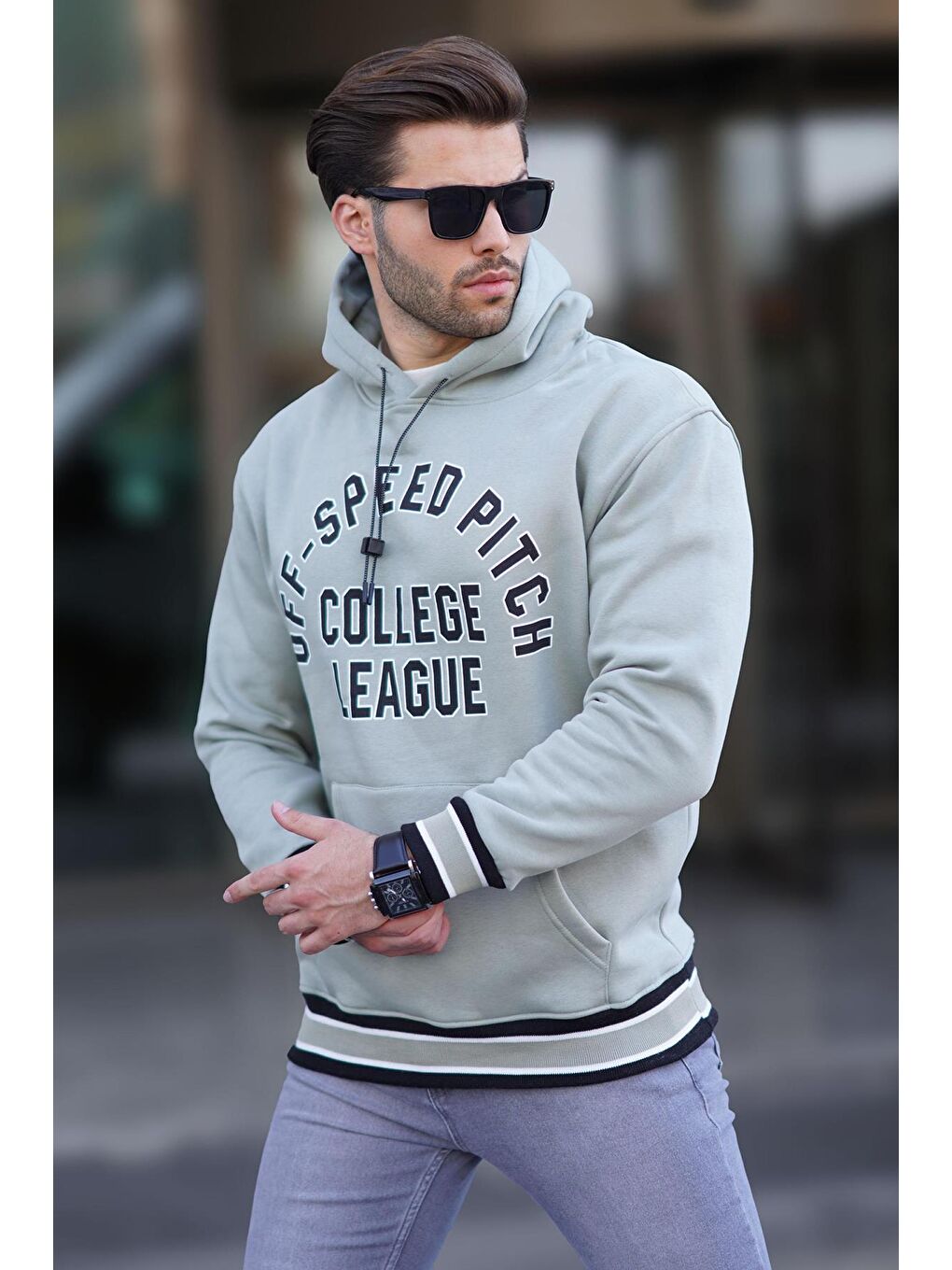 Madmext Çağla Yeşili Çağla Yeşil Kapüşonlu Cep Detaylı Baskılı Erkek Sweatshirt 7068 - 1