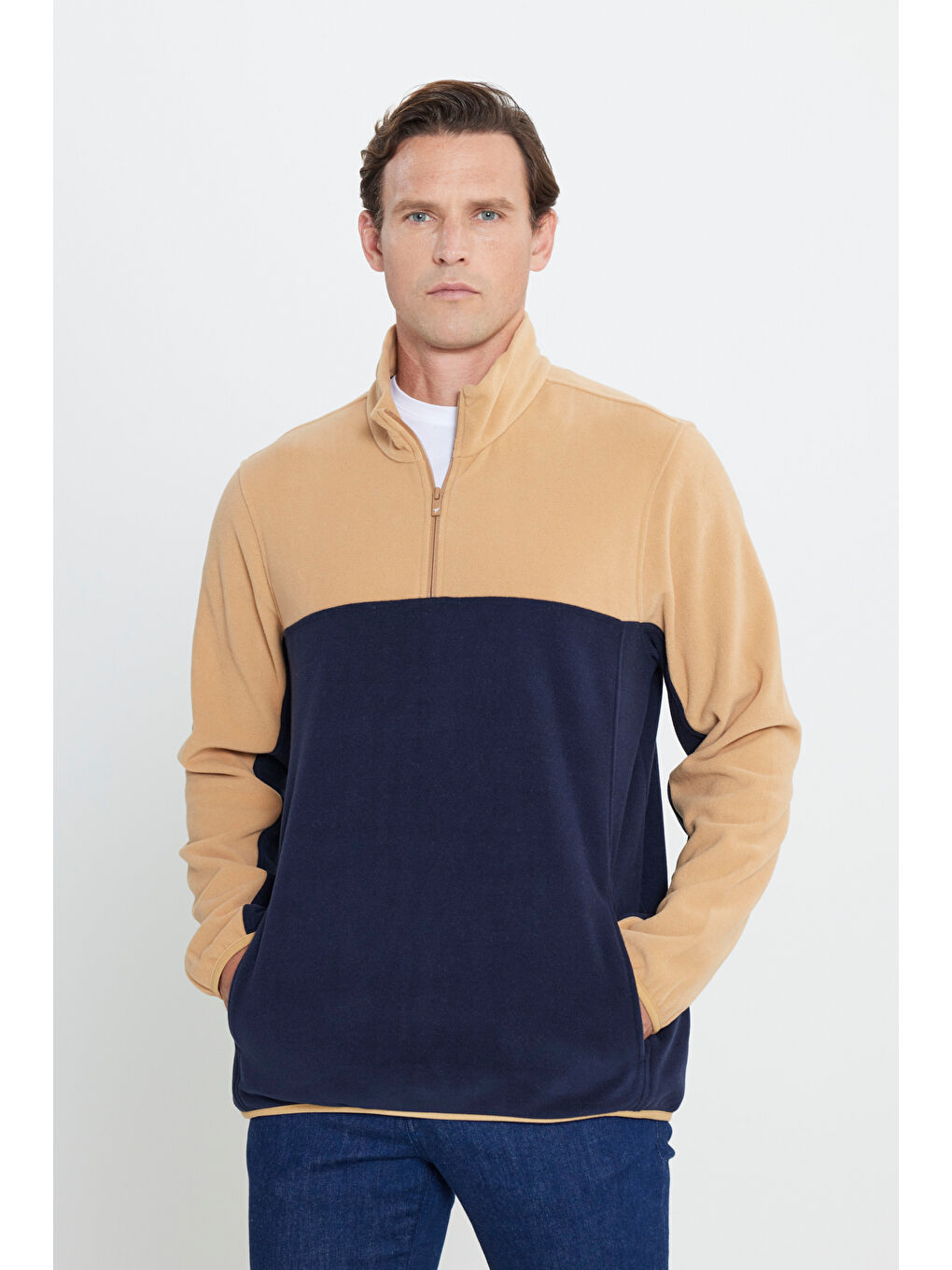 Bej Erkek Karamel-Lacivert Standart Fit Dik Yaka İçi Polarlı Çift Renk Polar Sweatshirt