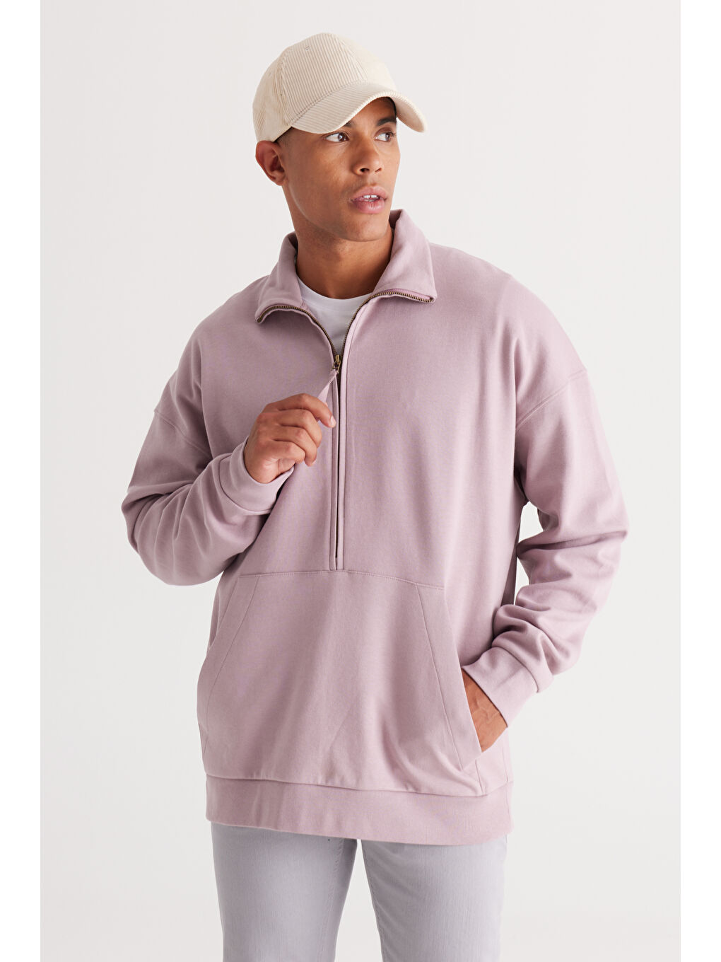 Pembe Erkek Gül Kurusu Oversize Bol Kesim Bato Yaka Pamuklu Sweatshirt