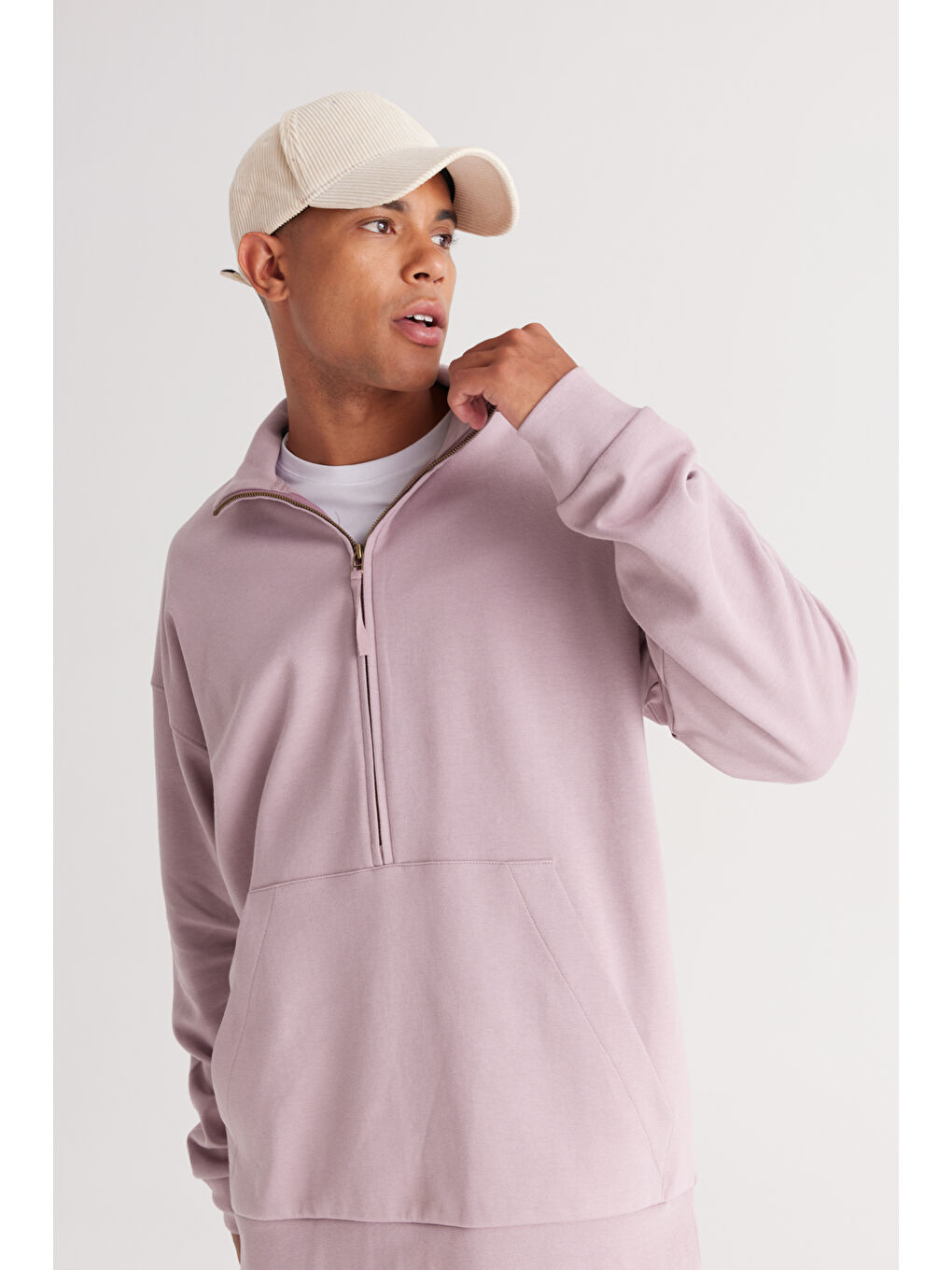 Pembe Erkek Gül Kurusu Oversize Bol Kesim Bato Yaka Pamuklu Sweatshirt-1