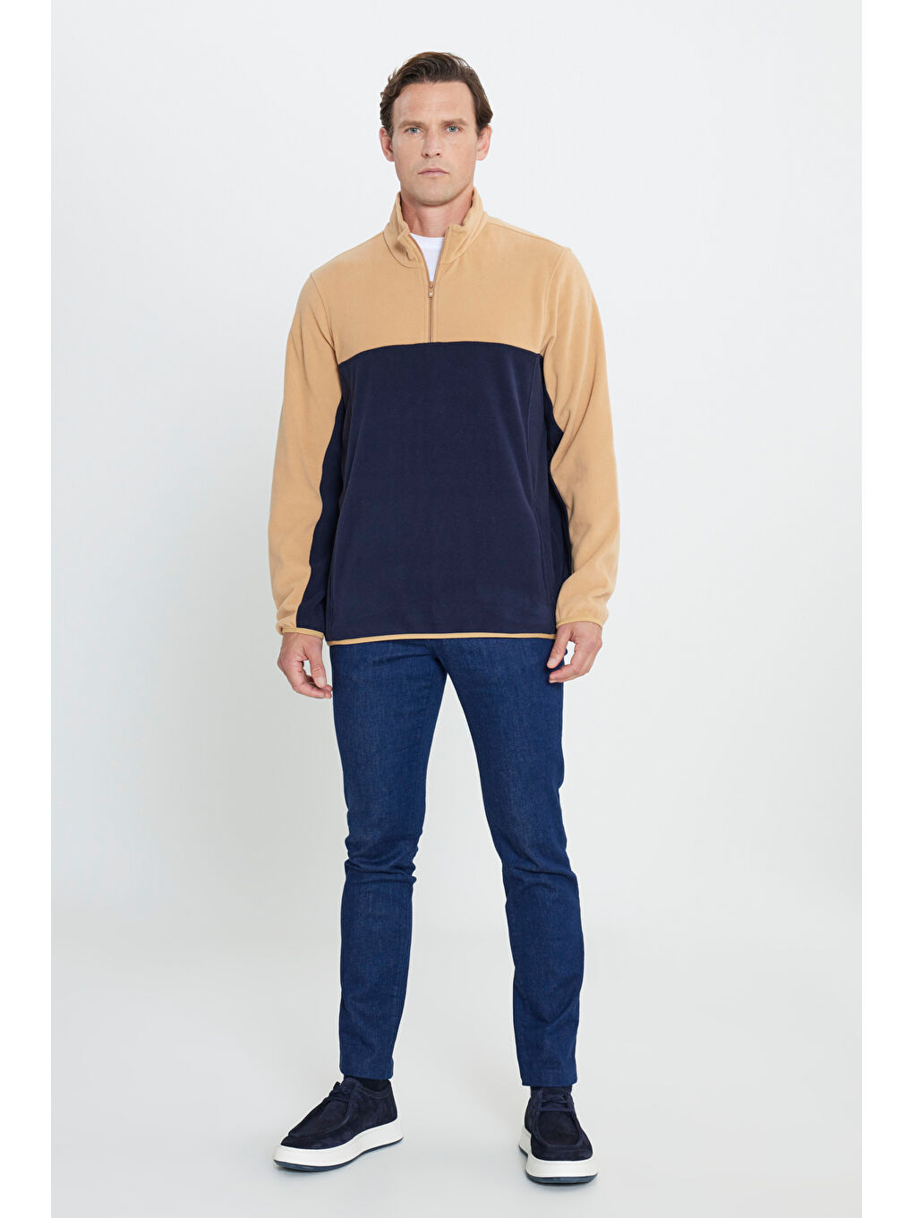 Bej Erkek Karamel-Lacivert Standart Fit Dik Yaka İçi Polarlı Çift Renk Polar Sweatshirt-1