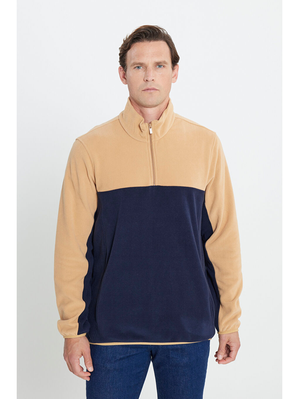 Bej Erkek Karamel-Lacivert Standart Fit Dik Yaka İçi Polarlı Çift Renk Polar Sweatshirt-2