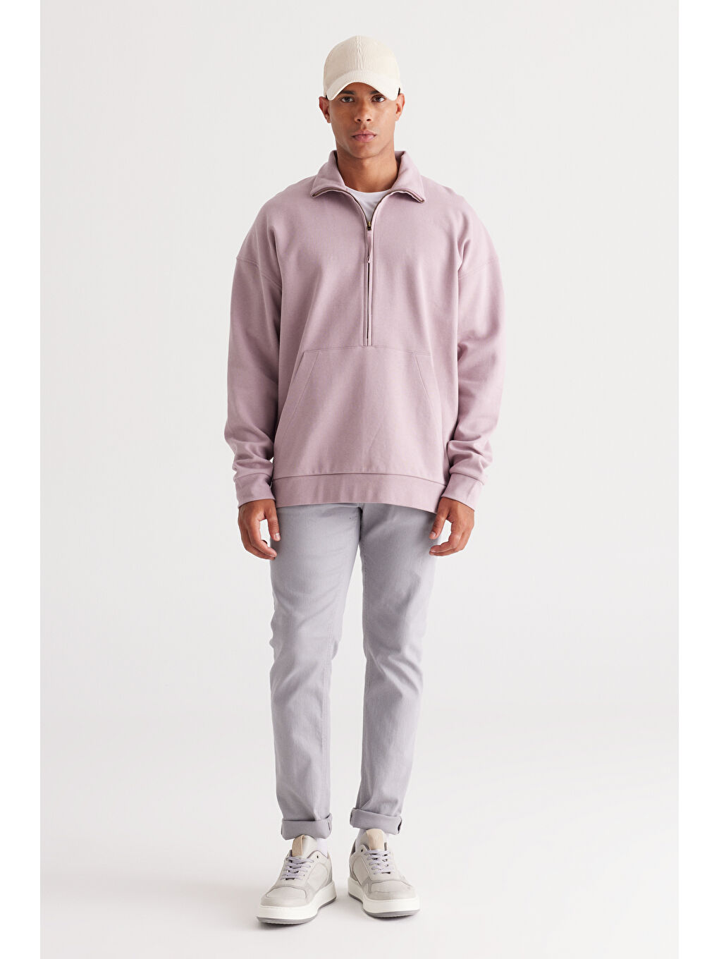 Pembe Erkek Gül Kurusu Oversize Bol Kesim Bato Yaka Pamuklu Sweatshirt-2