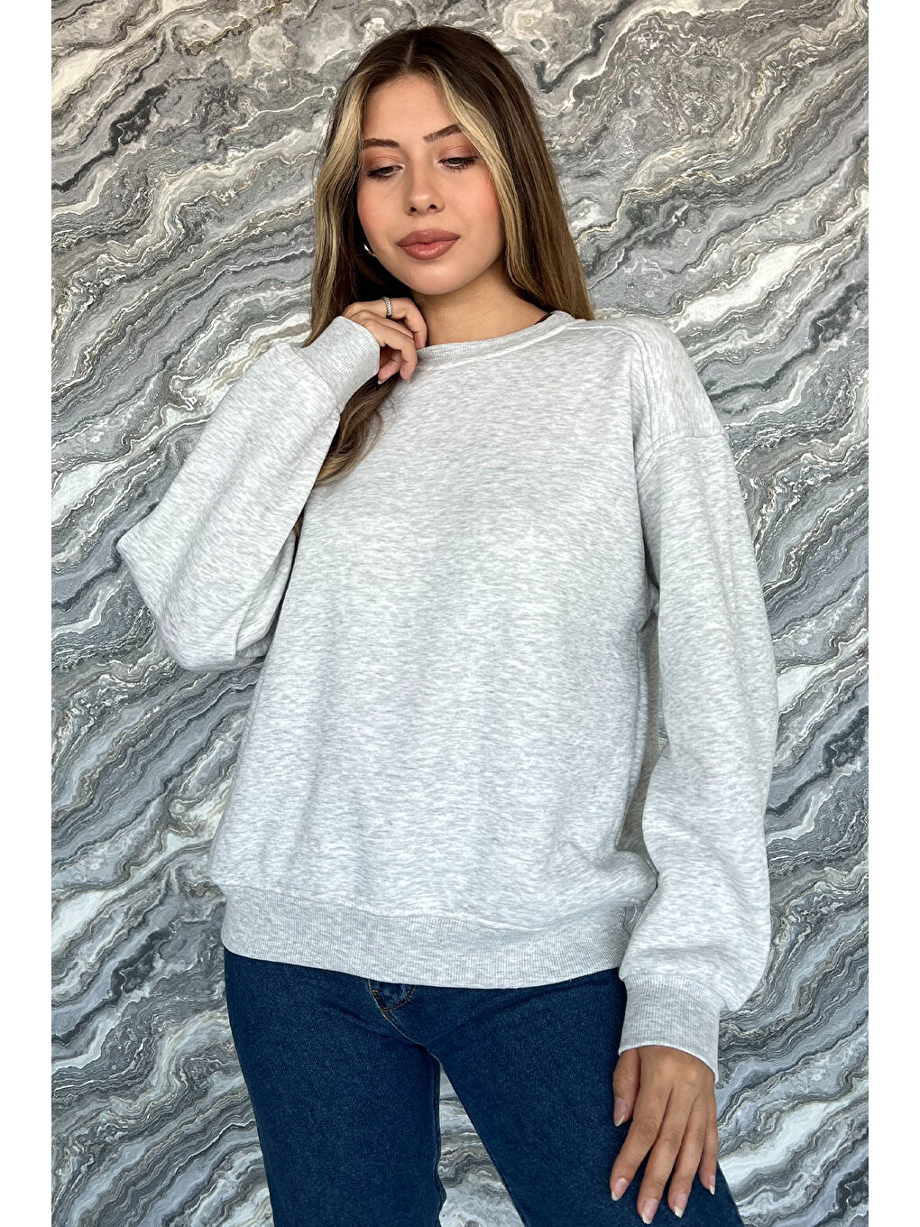 GÜLSELİ Gri Kadın Şardonlu Üç İplik Sweatshirt