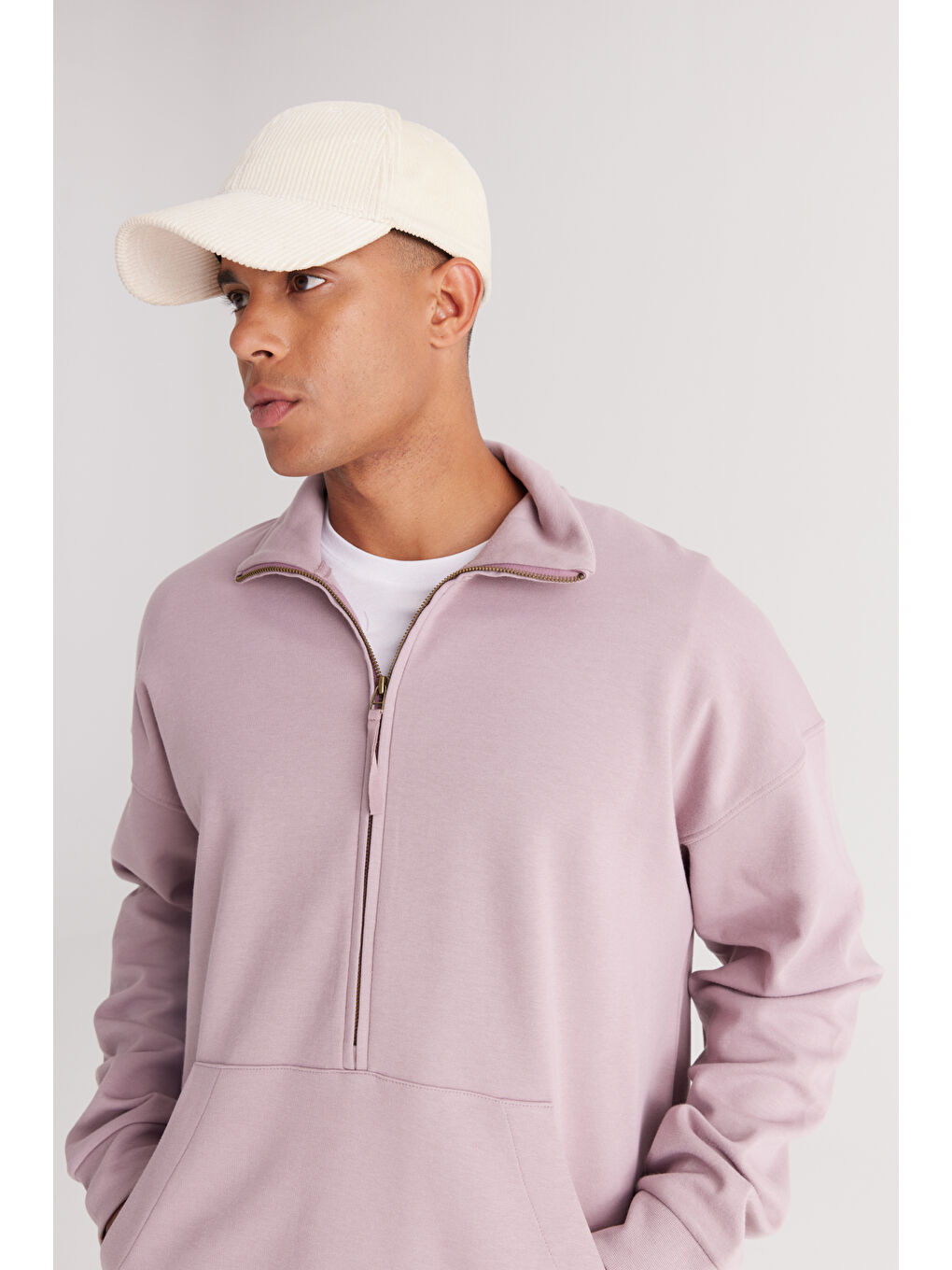 Pembe Erkek Gül Kurusu Oversize Bol Kesim Bato Yaka Pamuklu Sweatshirt-3