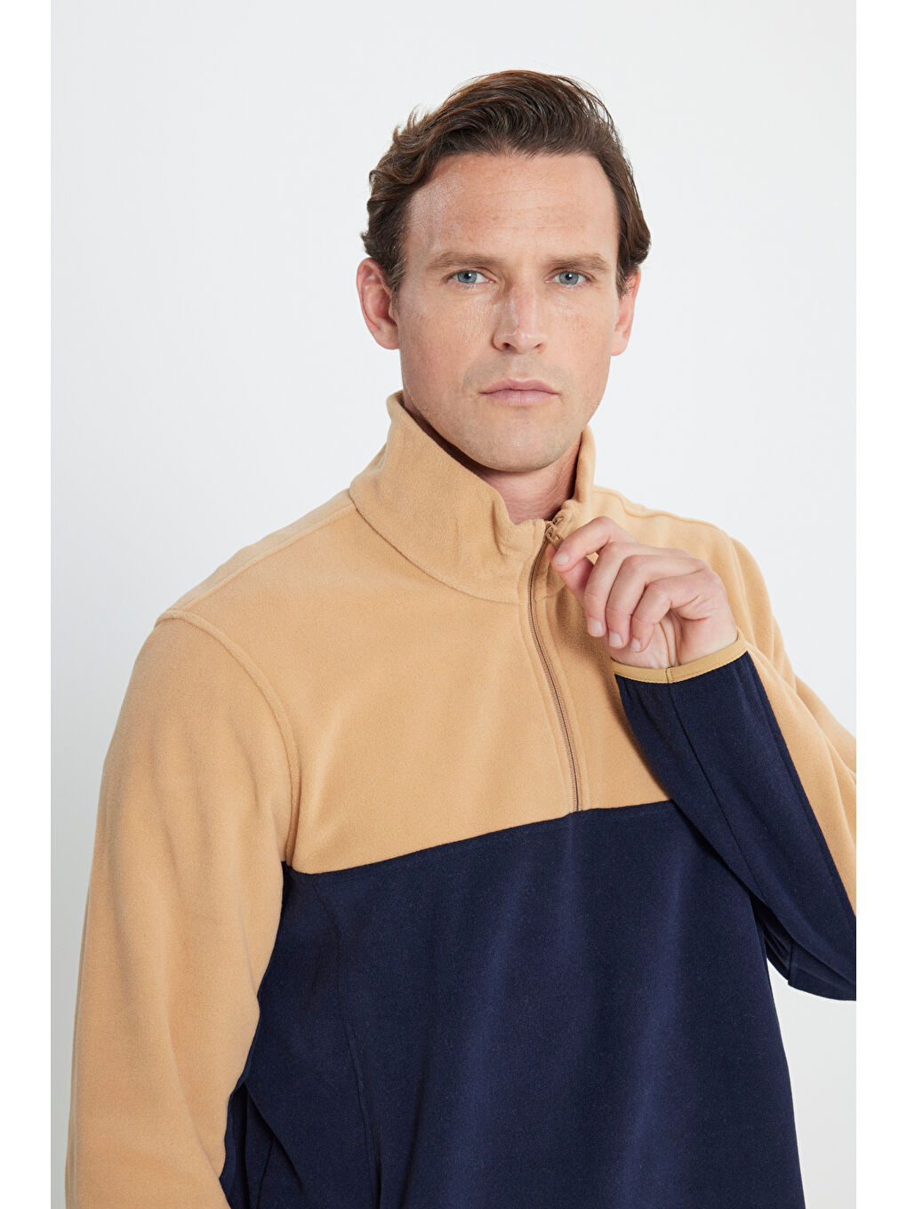 Bej Erkek Karamel-Lacivert Standart Fit Dik Yaka İçi Polarlı Çift Renk Polar Sweatshirt-3
