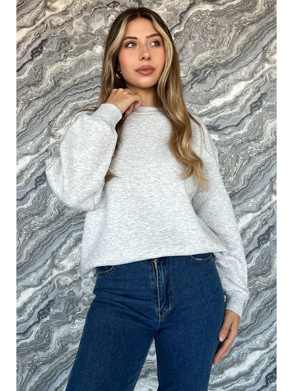 GÜLSELİ Gri Kadın Şardonlu Üç İplik Sweatshirt - 1