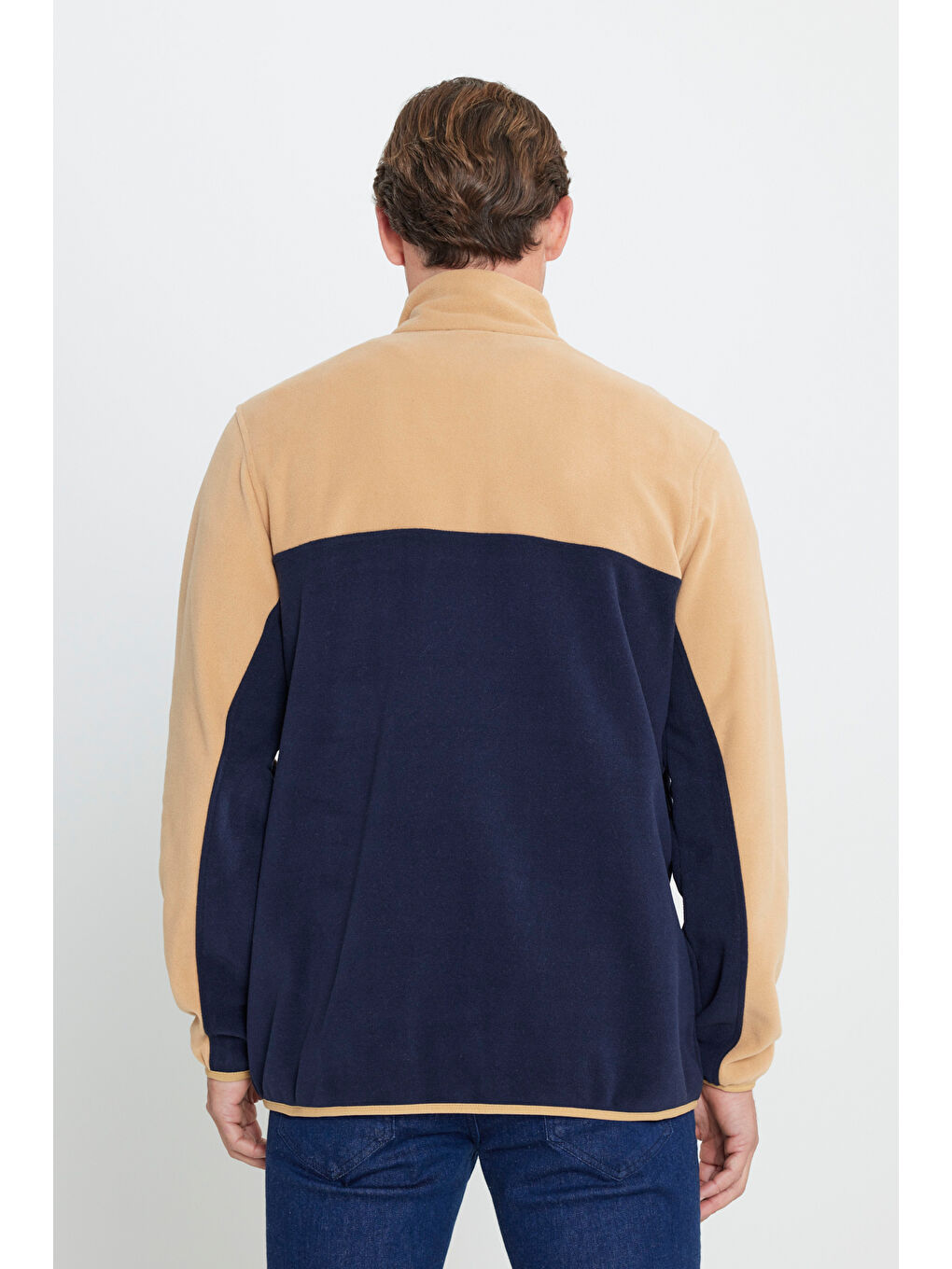 Bej Erkek Karamel-Lacivert Standart Fit Dik Yaka İçi Polarlı Çift Renk Polar Sweatshirt-4