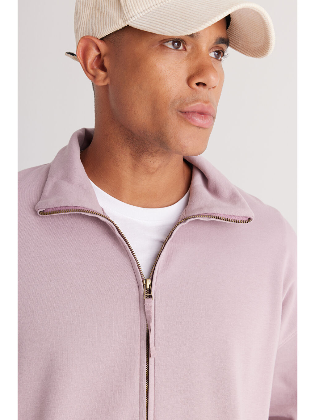 Pembe Erkek Gül Kurusu Oversize Bol Kesim Bato Yaka Pamuklu Sweatshirt-4