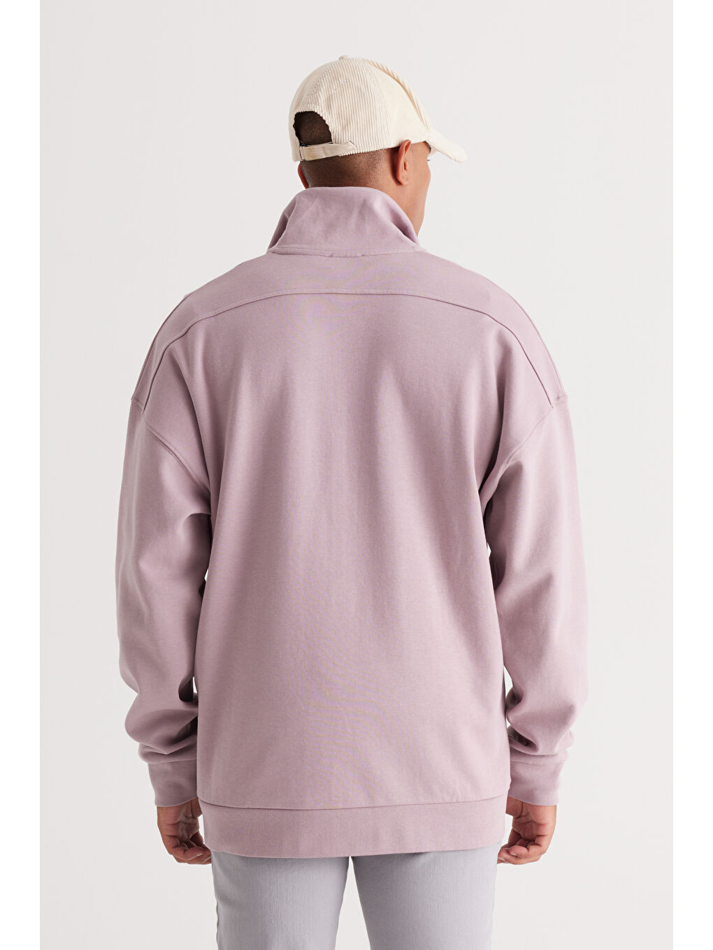 Pembe Erkek Gül Kurusu Oversize Bol Kesim Bato Yaka Pamuklu Sweatshirt-5