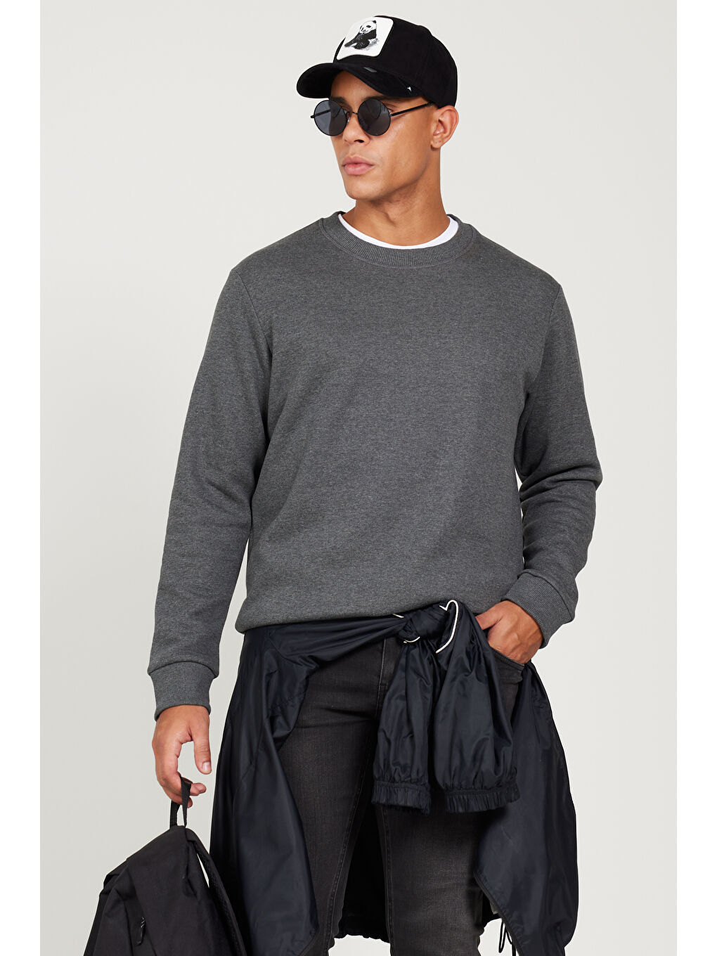 Erkek Antrasit-Melanj Standart Fit Normal Kesim İçi Polarlı Bisiklet Yaka Sweatshirt