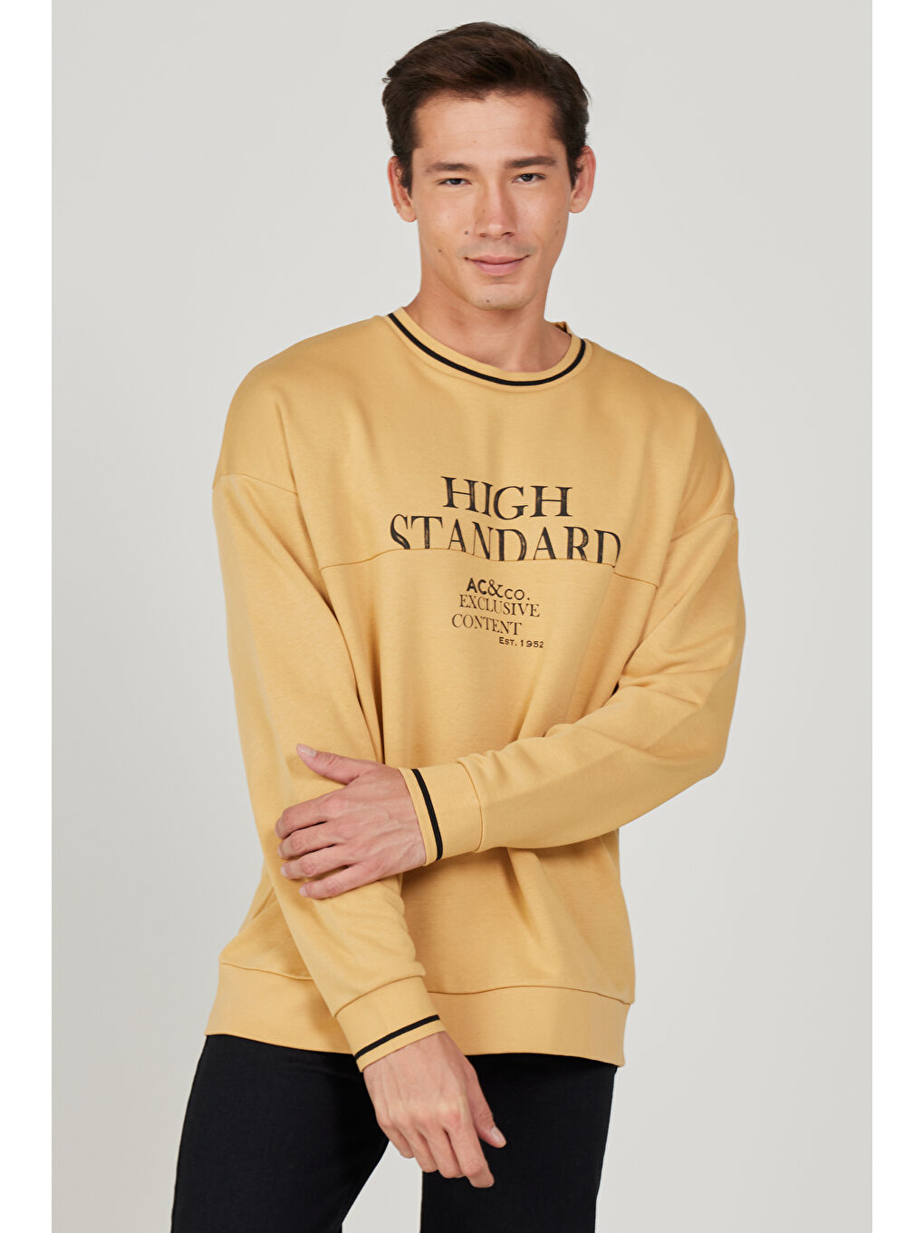 Sarı Erkek Hardal Oversize Bol Kesim Bisiklet Yaka Pamuklu Baskılı Sweatshirt-2