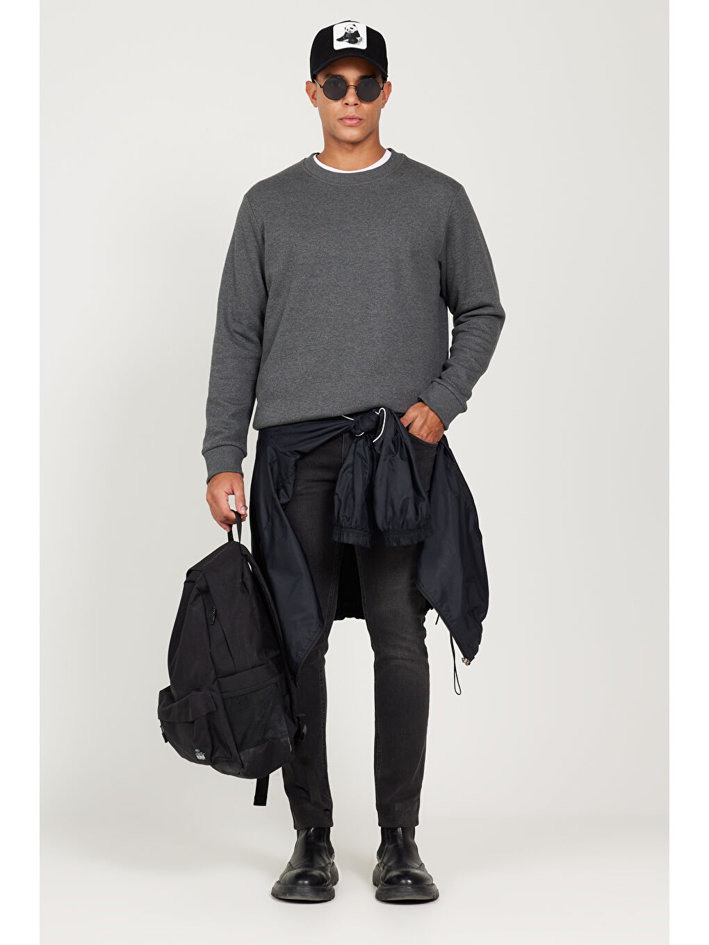 Erkek Antrasit-Melanj Standart Fit Normal Kesim İçi Polarlı Bisiklet Yaka Sweatshirt-1