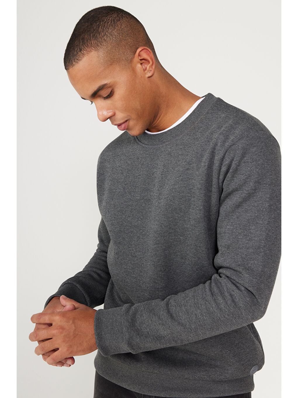 Erkek Antrasit-Melanj Standart Fit Normal Kesim İçi Polarlı Bisiklet Yaka Sweatshirt-2