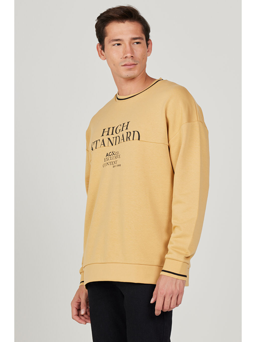 Sarı Erkek Hardal Oversize Bol Kesim Bisiklet Yaka Pamuklu Baskılı Sweatshirt-3