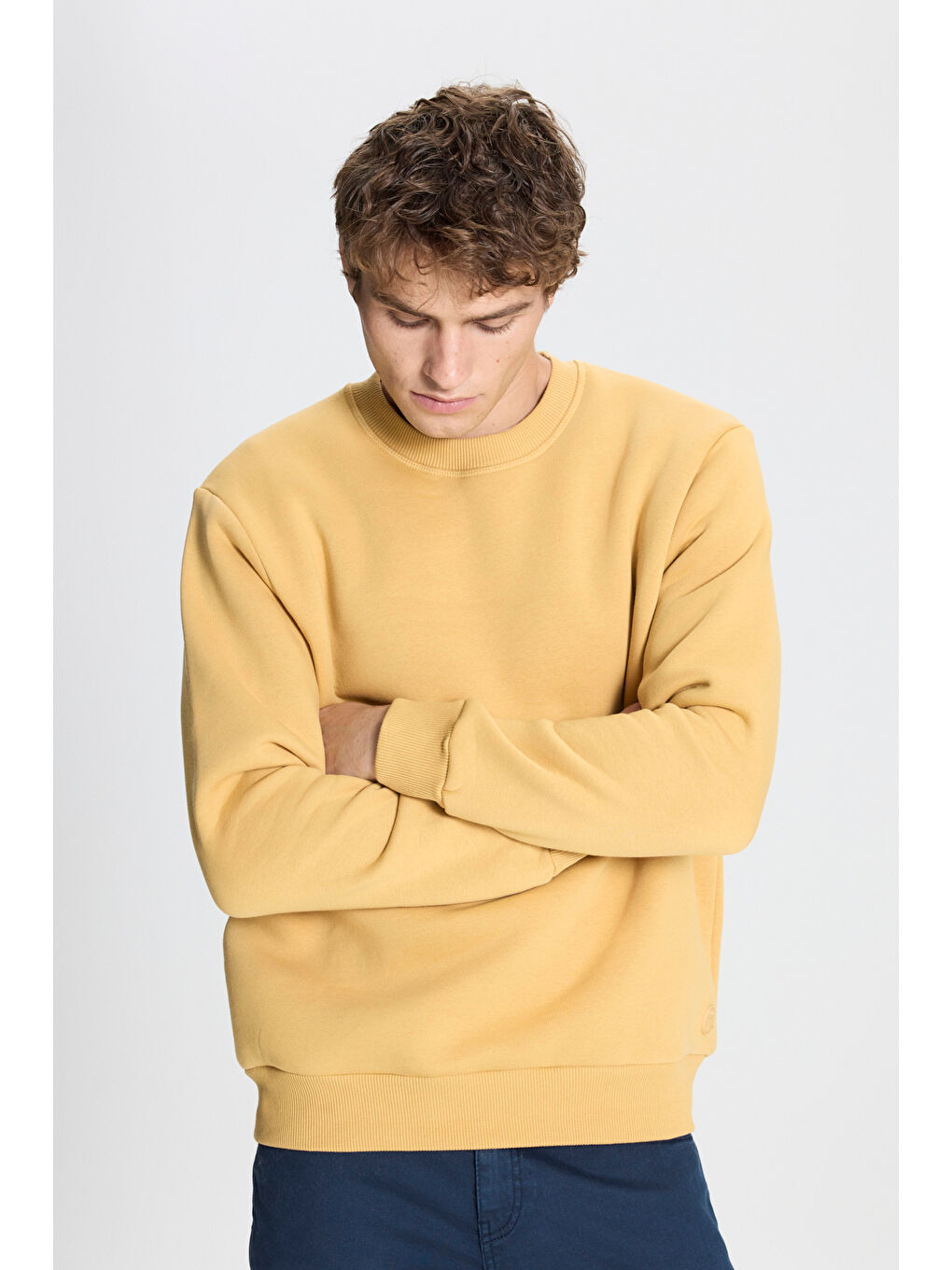 Sarı Erkek Hardal Standart Fit Normal Kesim İçi Polarlı Bisiklet Yaka Sweatshirt-2