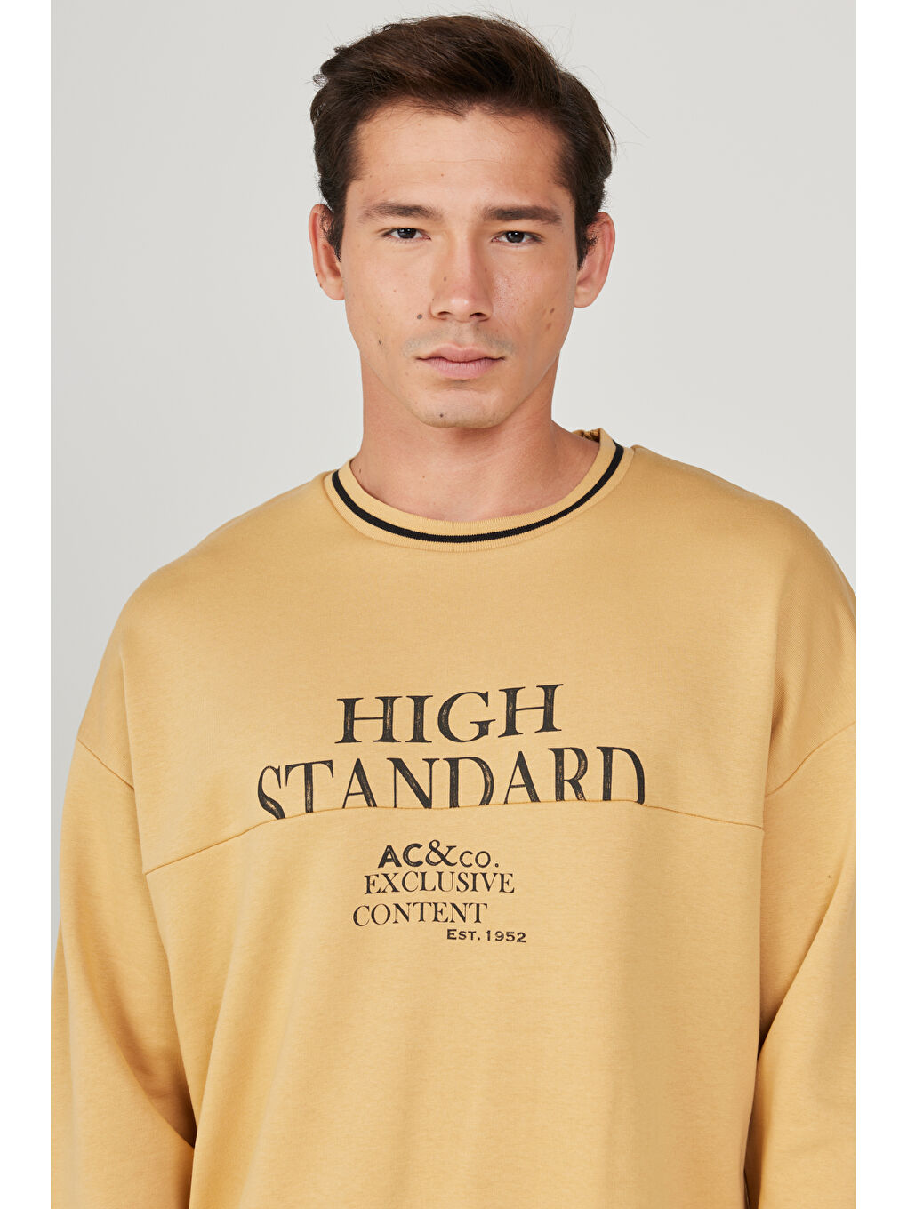 Sarı Erkek Hardal Oversize Bol Kesim Bisiklet Yaka Pamuklu Baskılı Sweatshirt-4