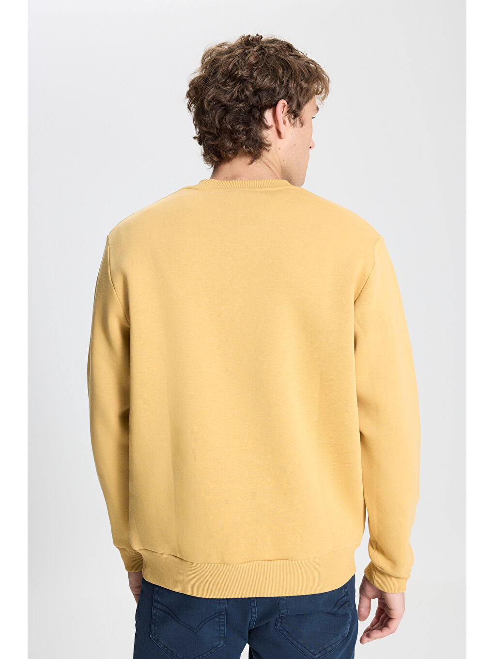 Sarı Erkek Hardal Standart Fit Normal Kesim İçi Polarlı Bisiklet Yaka Sweatshirt-4