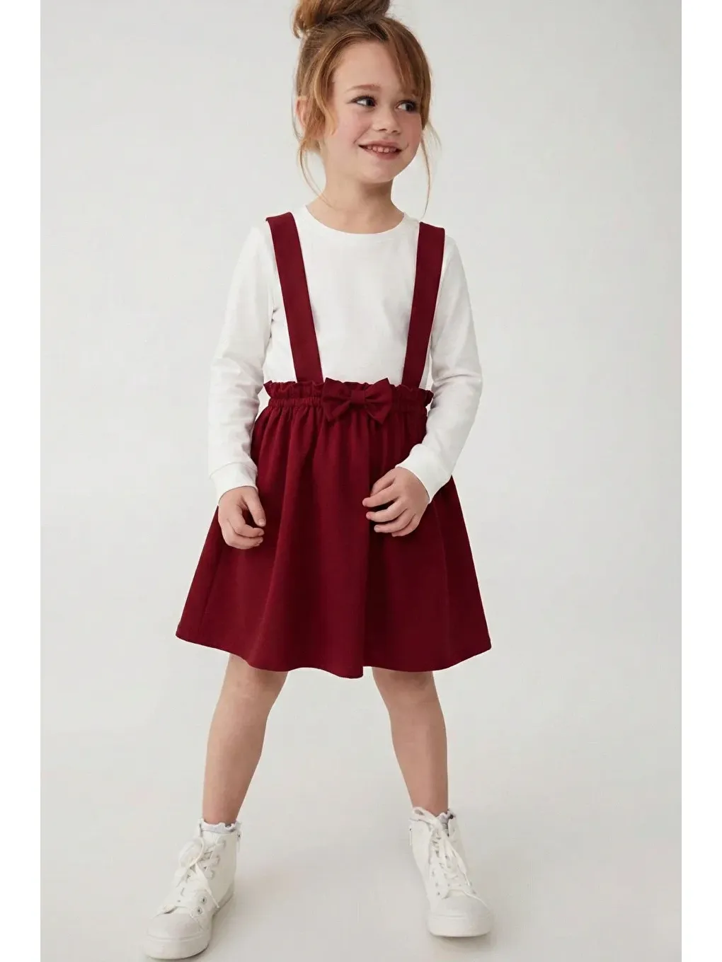 Kırmızı Kız Çocuk Takımı 2 Parça Salopet Elbise Pamuklu Kumaş Uzun Kollu Fiyonklu Etekli Takım 1-5 Yaş-1