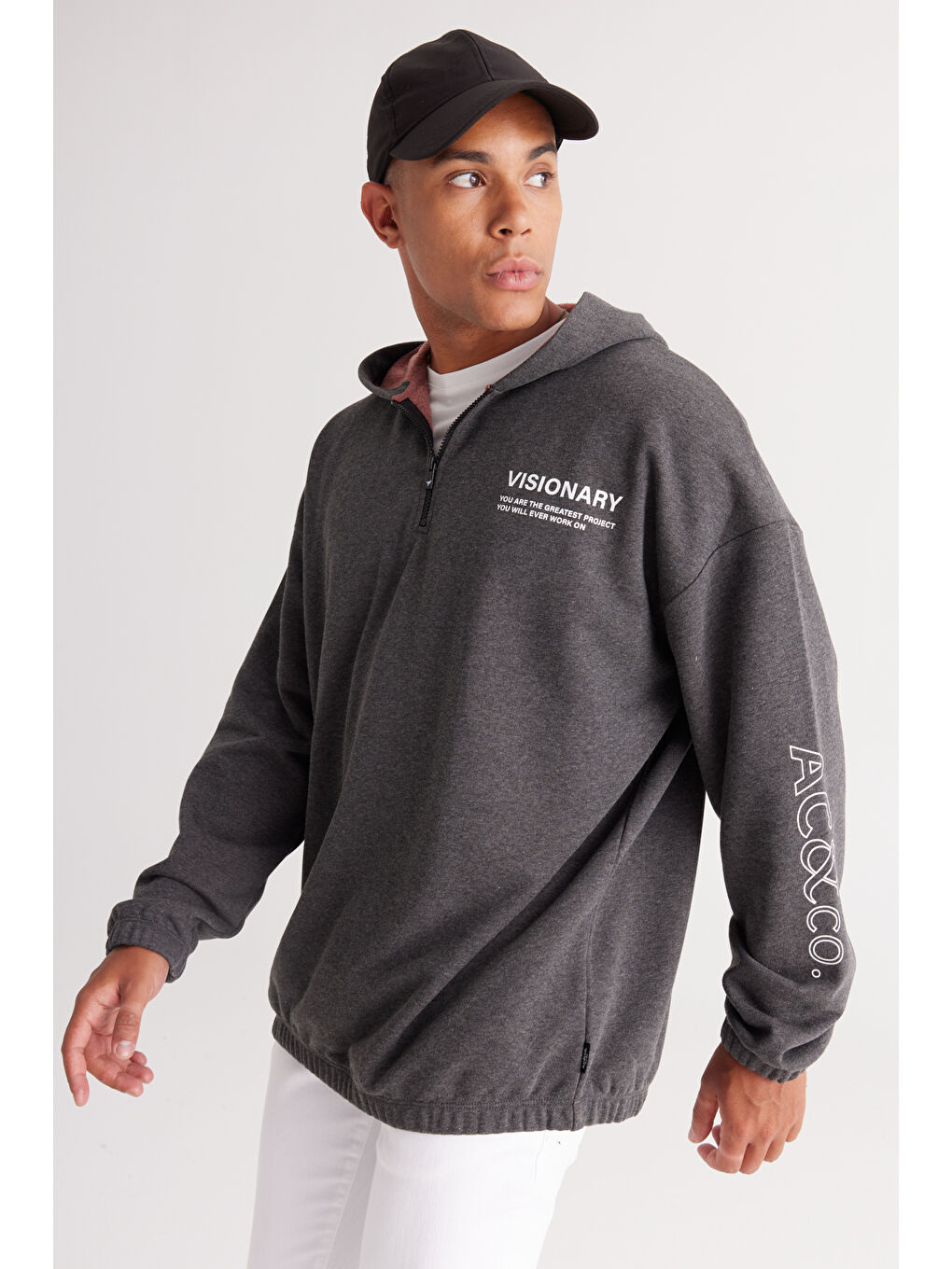 Erkek Antrasit-Melanj Oversize Bol Kesim Kapüşonlu Baskılı Sweatshirt