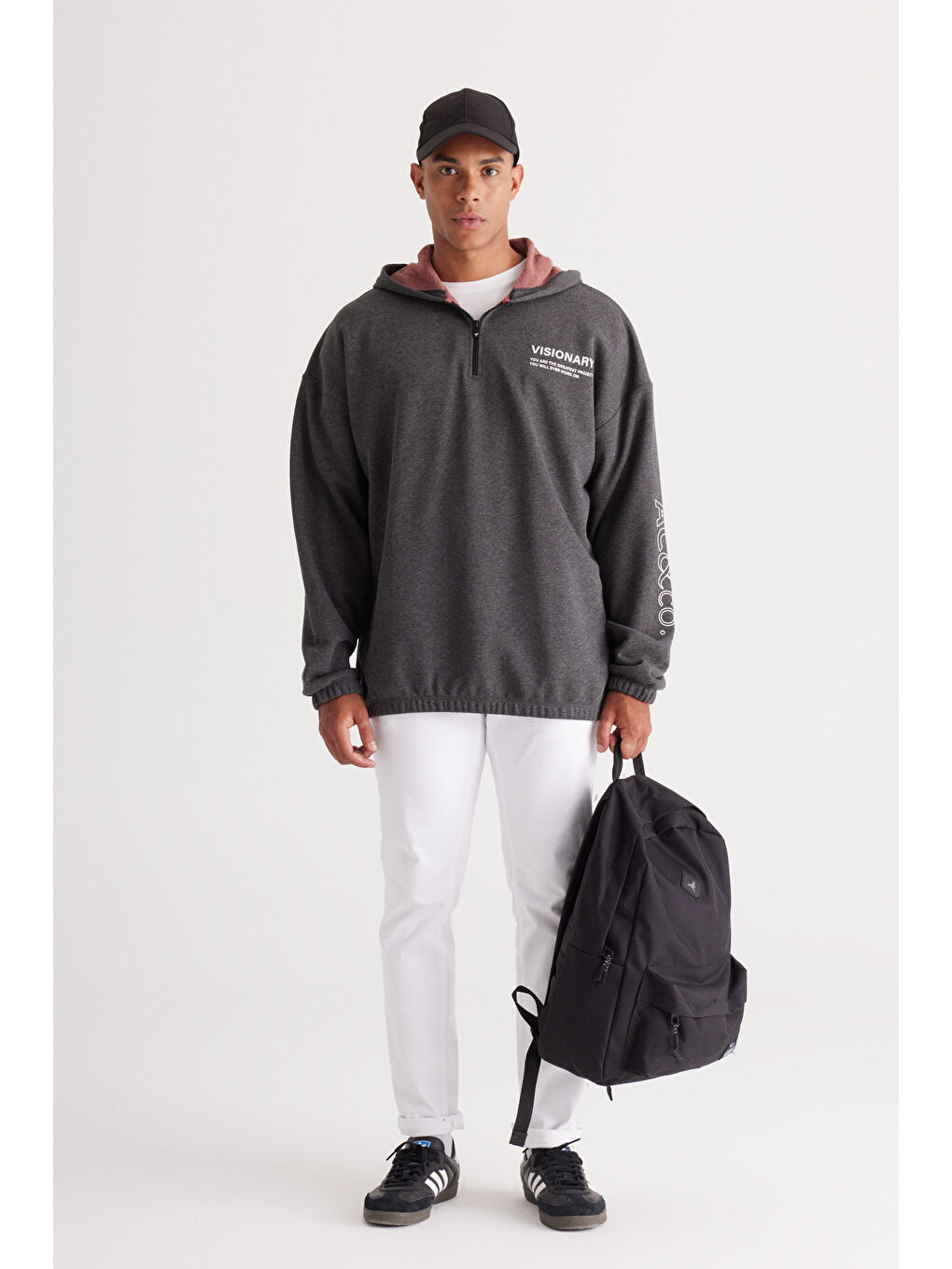 Erkek Antrasit-Melanj Oversize Bol Kesim Kapüşonlu Baskılı Sweatshirt-1