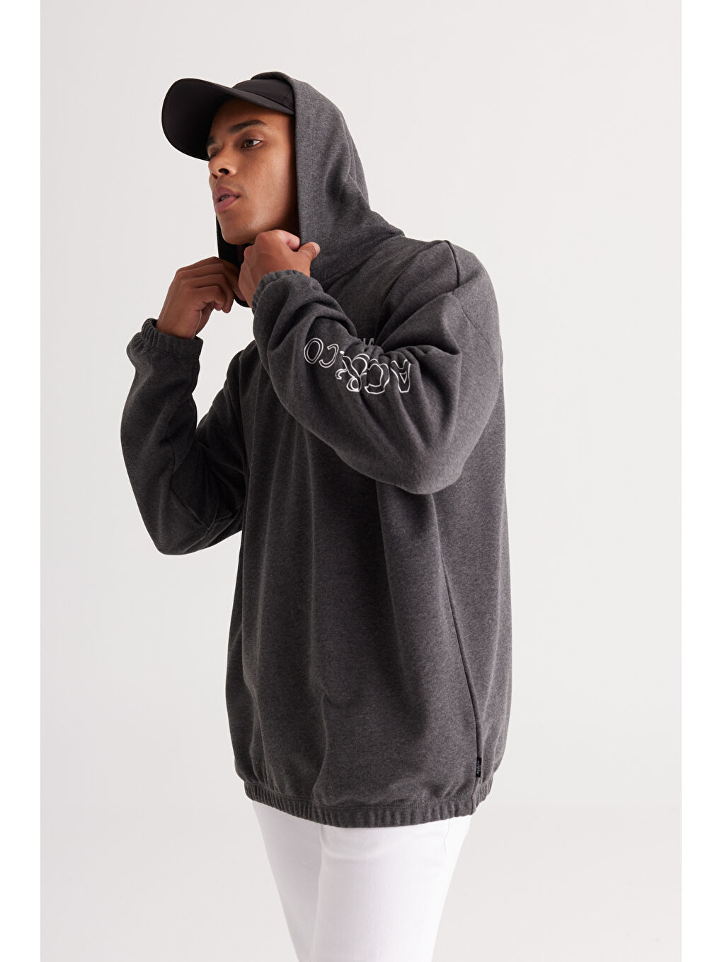 Erkek Antrasit-Melanj Oversize Bol Kesim Kapüşonlu Baskılı Sweatshirt-2