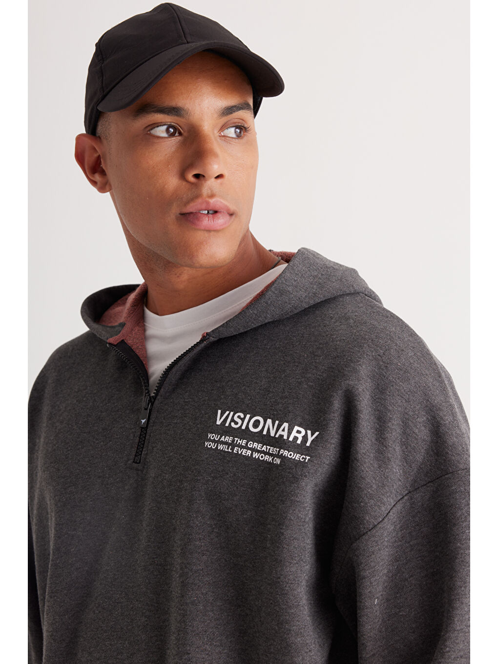 Erkek Antrasit-Melanj Oversize Bol Kesim Kapüşonlu Baskılı Sweatshirt-3