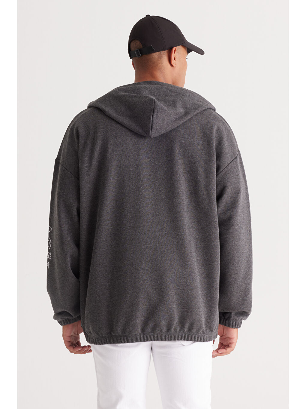 Erkek Antrasit-Melanj Oversize Bol Kesim Kapüşonlu Baskılı Sweatshirt-4