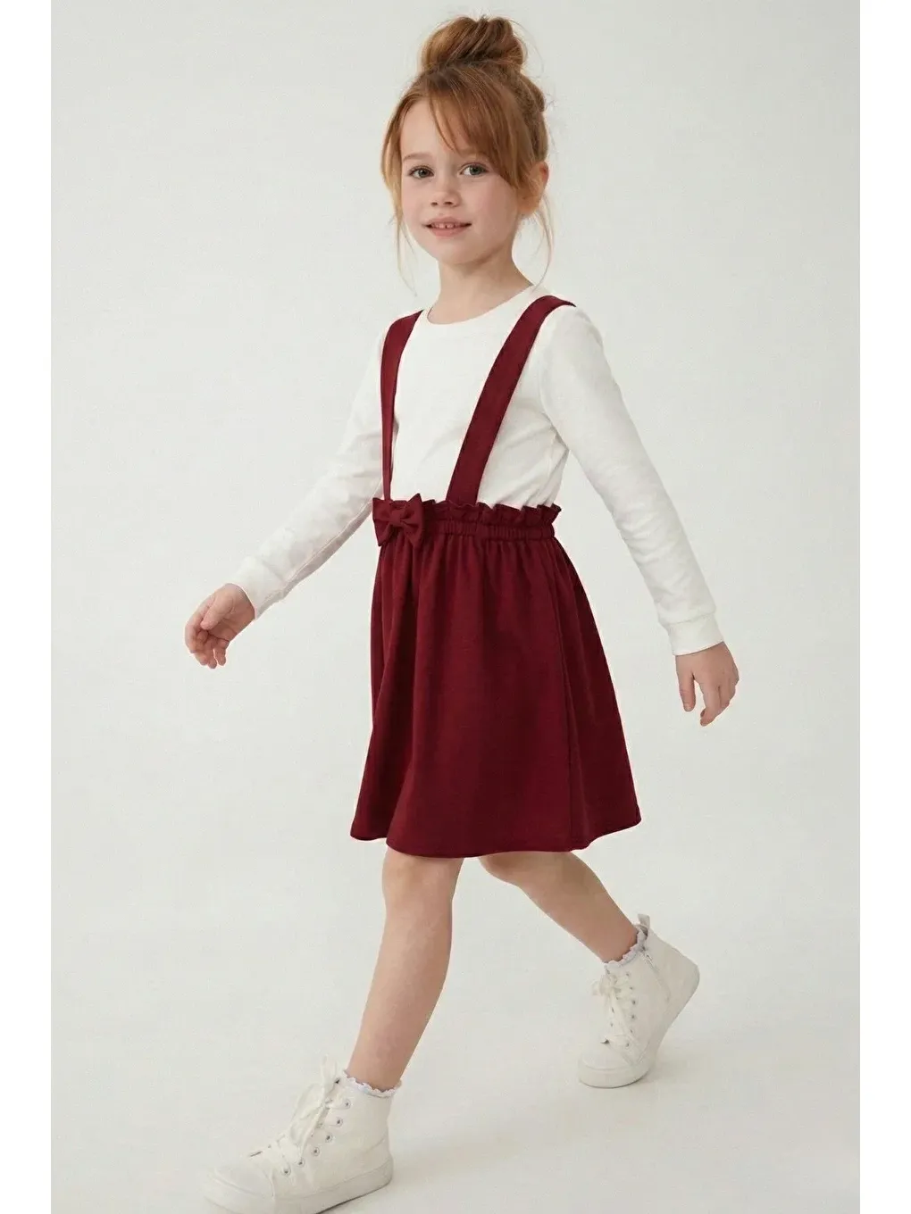 Kırmızı Kız Çocuk Takımı 2 Parça Salopet Elbise Pamuklu Kumaş Uzun Kollu Fiyonklu Etekli Takım 1-5 Yaş-2