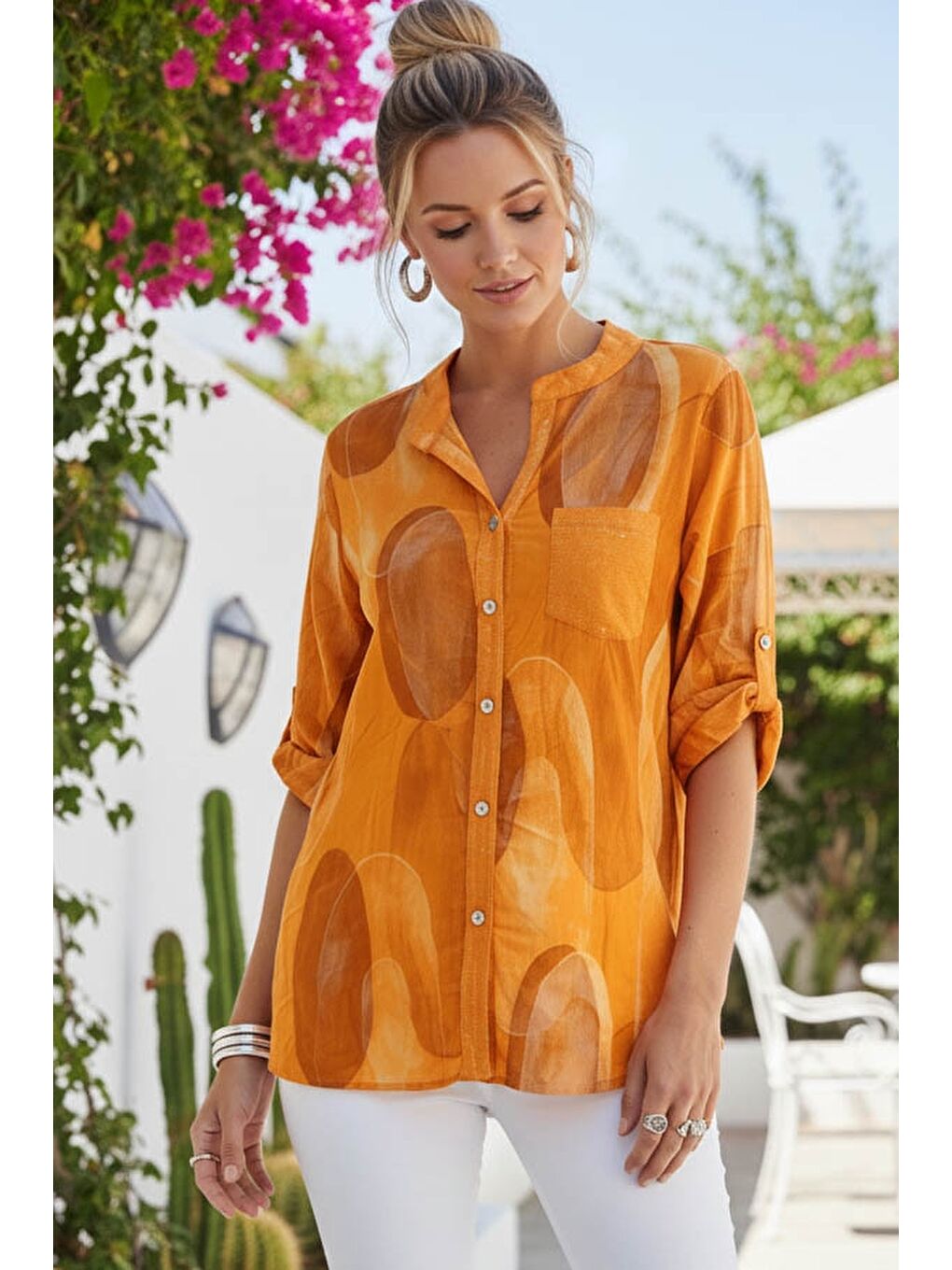 İtalyan Turuncu Hakim Yaka Düğmeli 3/4 Kol Geometrik Desenli Pullu Cepli Casual Viskon Bluz 75 65