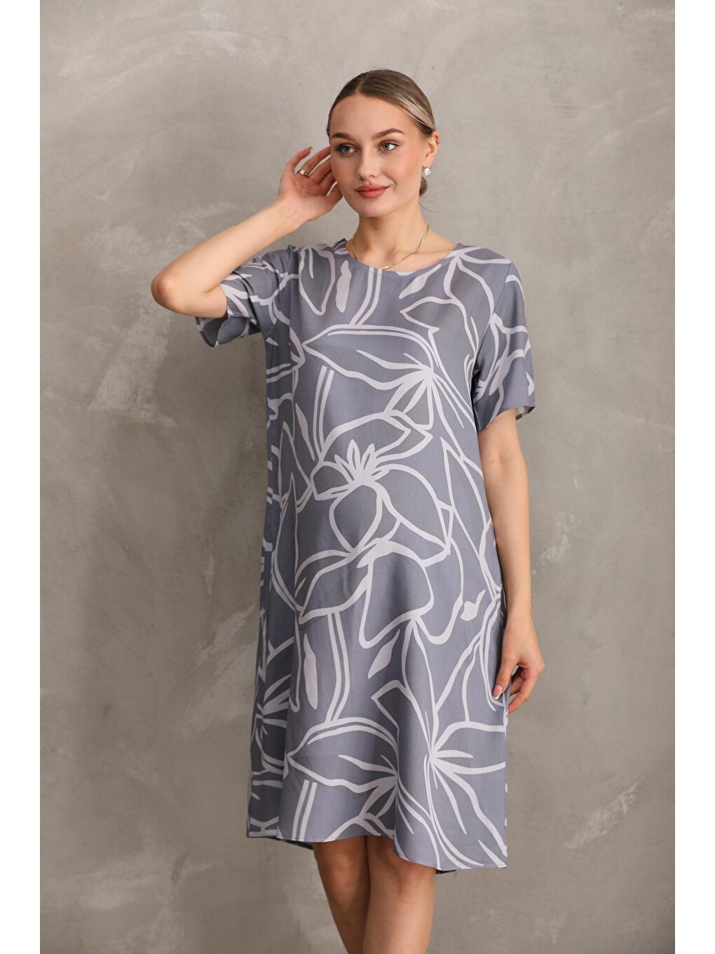 Gri Hamile Baskılı Midi Kısa Kol Yandan Cepli Elbise-2