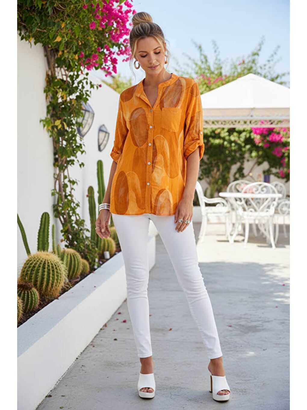 İtalyan Turuncu Hakim Yaka Düğmeli 3/4 Kol Geometrik Desenli Pullu Cepli Casual Viskon Bluz 75 65-4