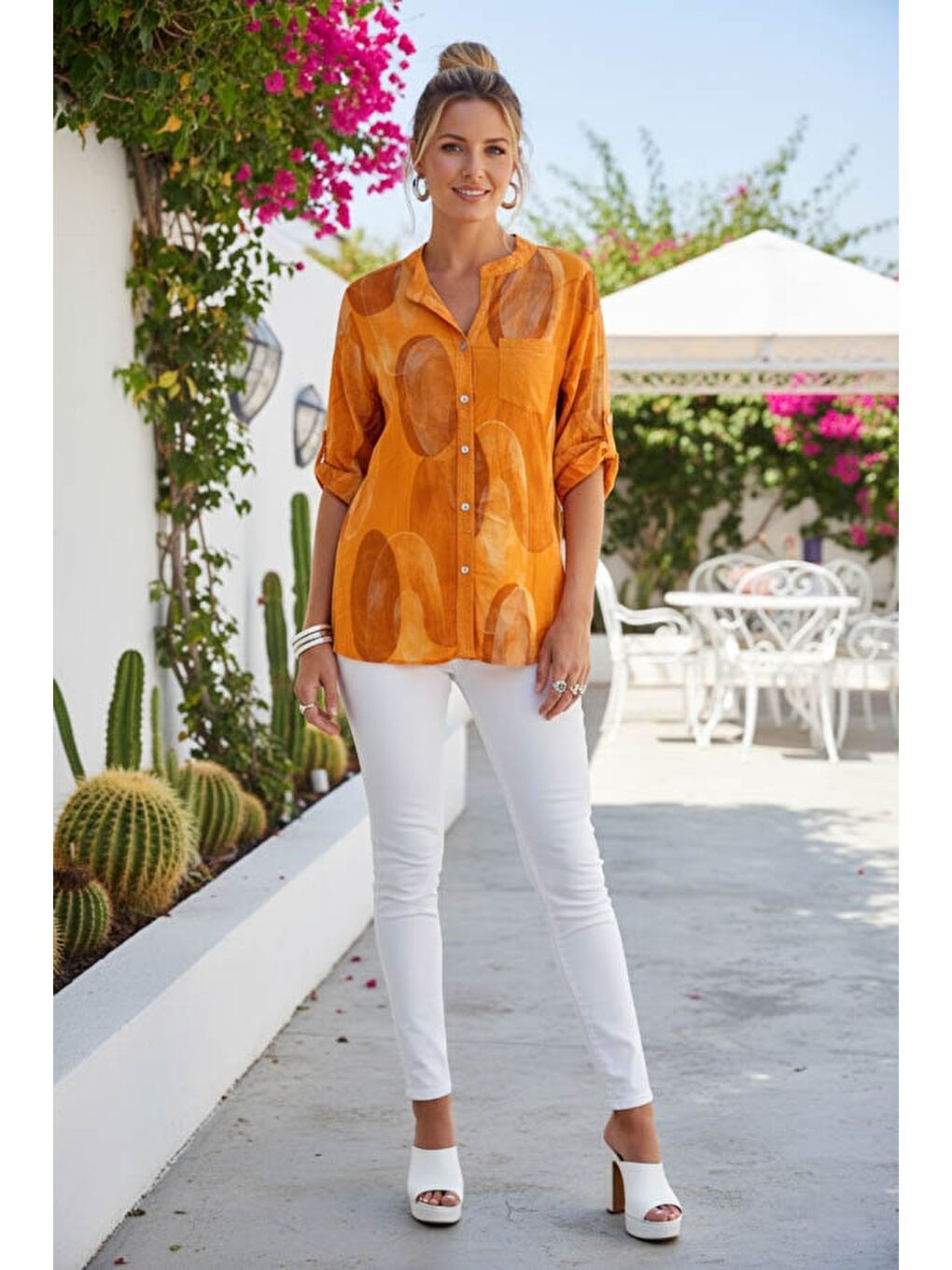 İtalyan Turuncu Hakim Yaka Düğmeli 3/4 Kol Geometrik Desenli Pullu Cepli Casual Viskon Bluz 75 65-5