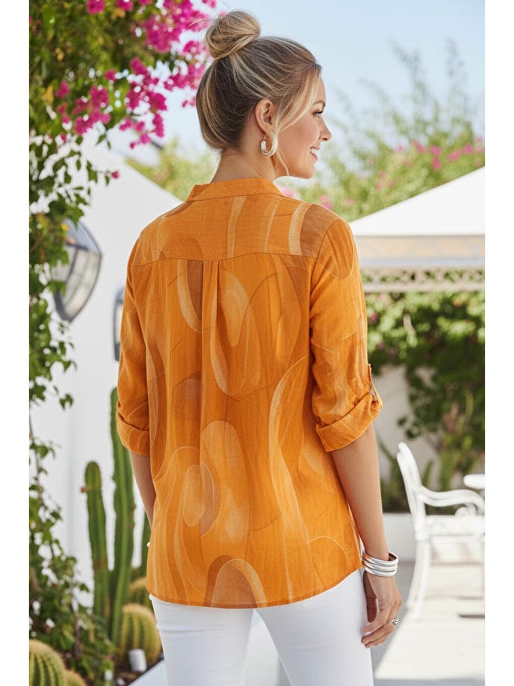 İtalyan Turuncu Hakim Yaka Düğmeli 3/4 Kol Geometrik Desenli Pullu Cepli Casual Viskon Bluz 75 65-6