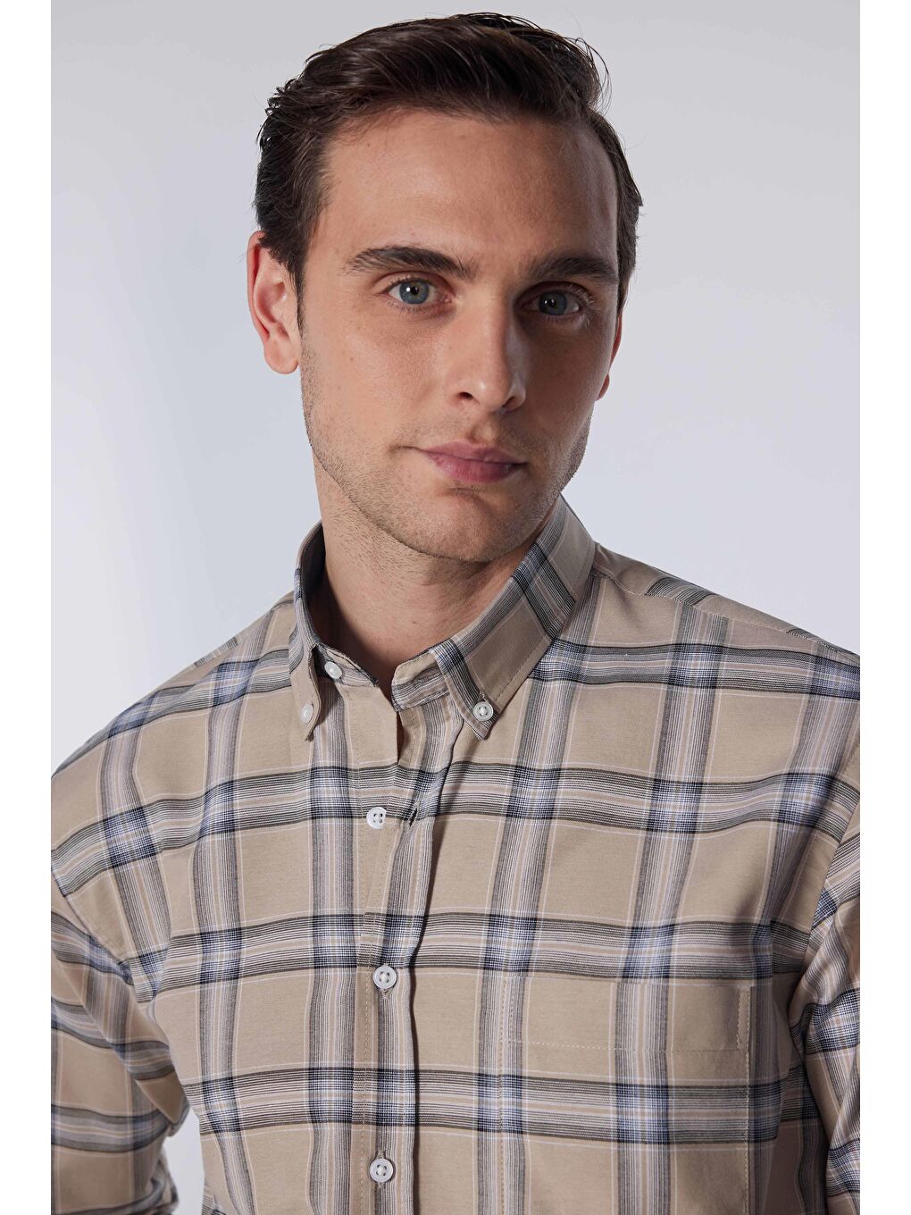 Karışık Erkek Regular Fit Klasik Kesim Düğmeli Yaka Küçük Kareli Pamuklu Gömlek-3