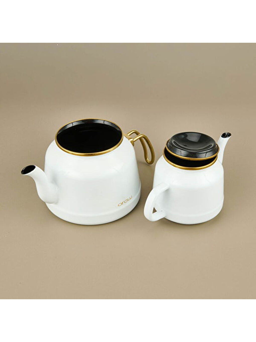 Karışık Roomy Emaye Çaydanlık - Beyaz / Altın - 2,5 lt + 1,1 lt-1