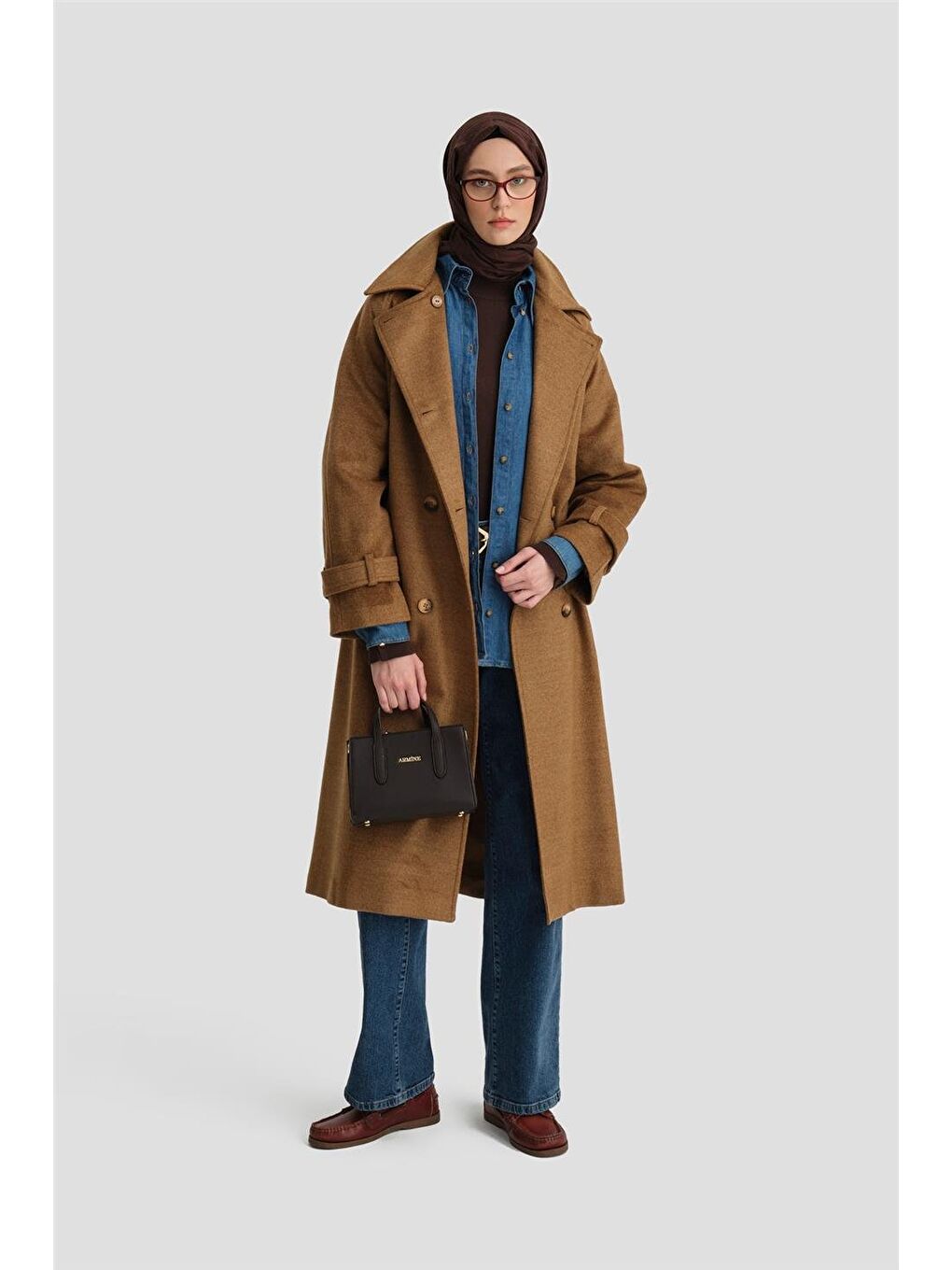 Kahverengi Kruvaze Oversıze Kaban 24Kh7614 Camel