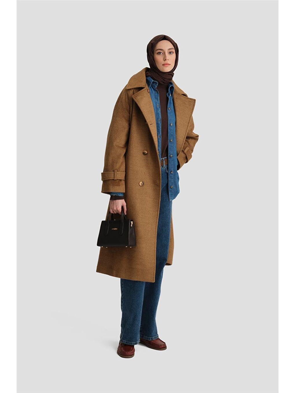 Kahverengi Kruvaze Oversıze Kaban 24Kh7614 Camel-1