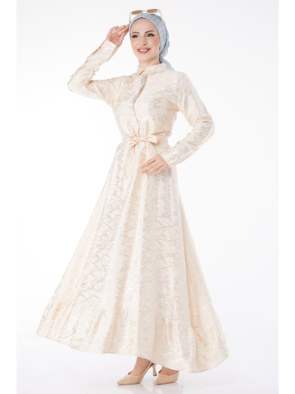 Düz Gömlek Yaka Kadın Bej Taş Detaylı Abiye Elbise - 25191