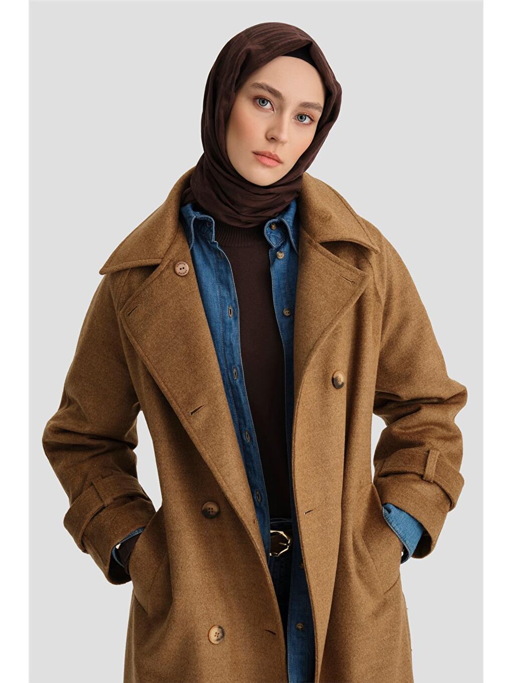 Kahverengi Kruvaze Oversıze Kaban 24Kh7614 Camel-2