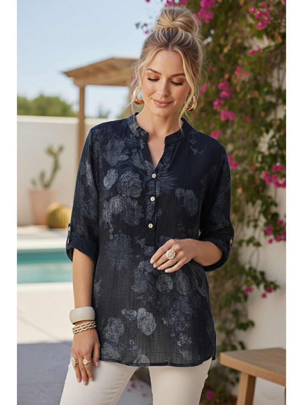 İtalyan Siyah Hakim Yaka Düğmeli 3/4 Kol Çiçekli Cepli Casual Keten Görünümlü Dokuma Bluz 75 65-1