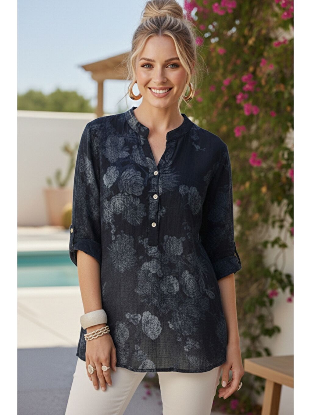 İtalyan Siyah Hakim Yaka Düğmeli 3/4 Kol Çiçekli Cepli Casual Keten Görünümlü Dokuma Bluz 75 65-2
