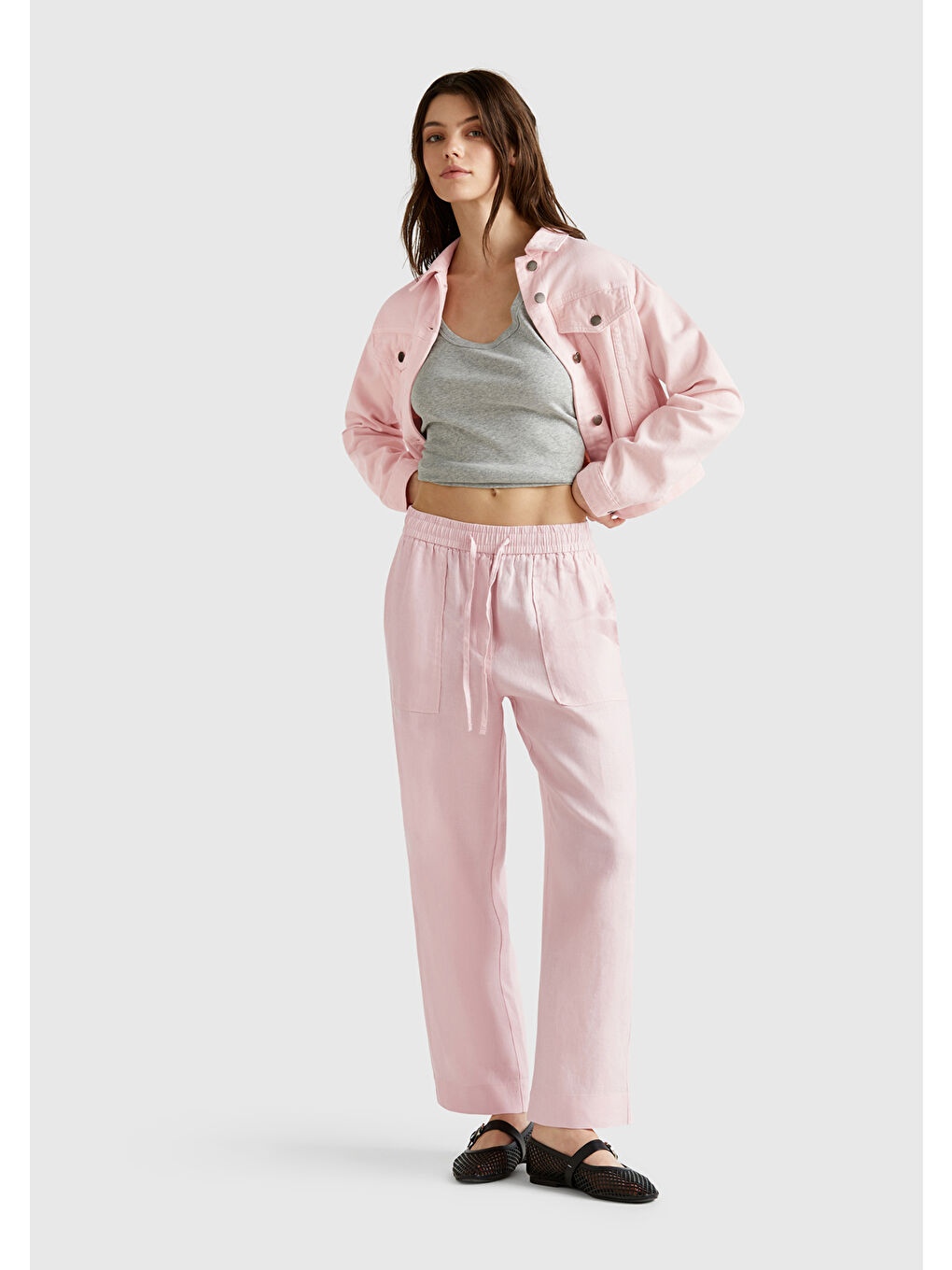 Kadın Pembe %100 Pamuk Yanları Cepli Straight Fit Denim Ceket-4