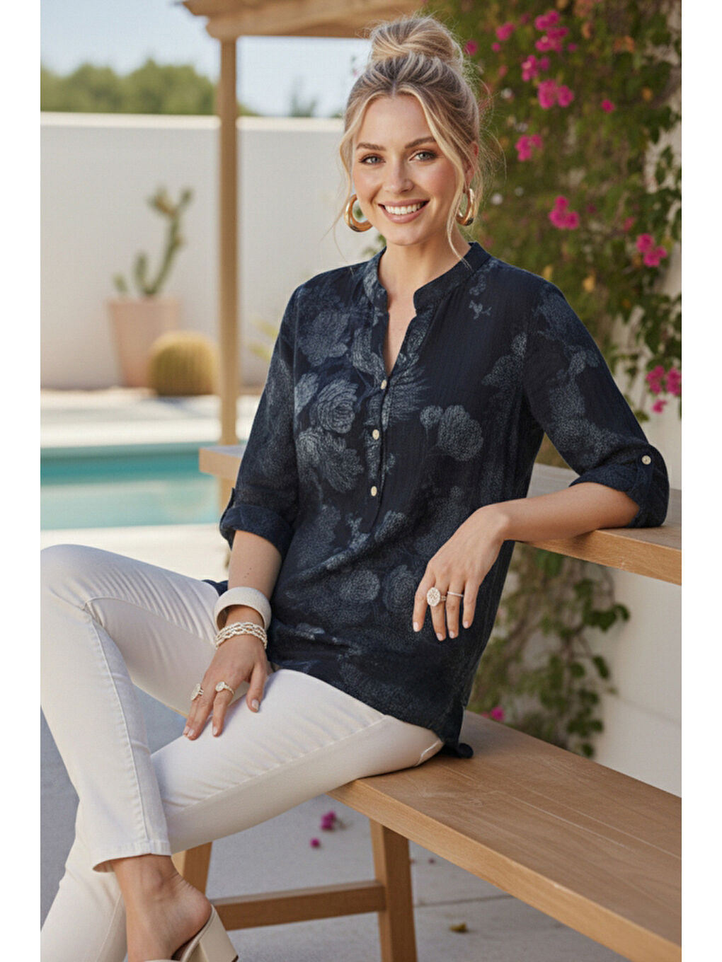 İtalyan Siyah Hakim Yaka Düğmeli 3/4 Kol Çiçekli Cepli Casual Keten Görünümlü Dokuma Bluz 75 65-3