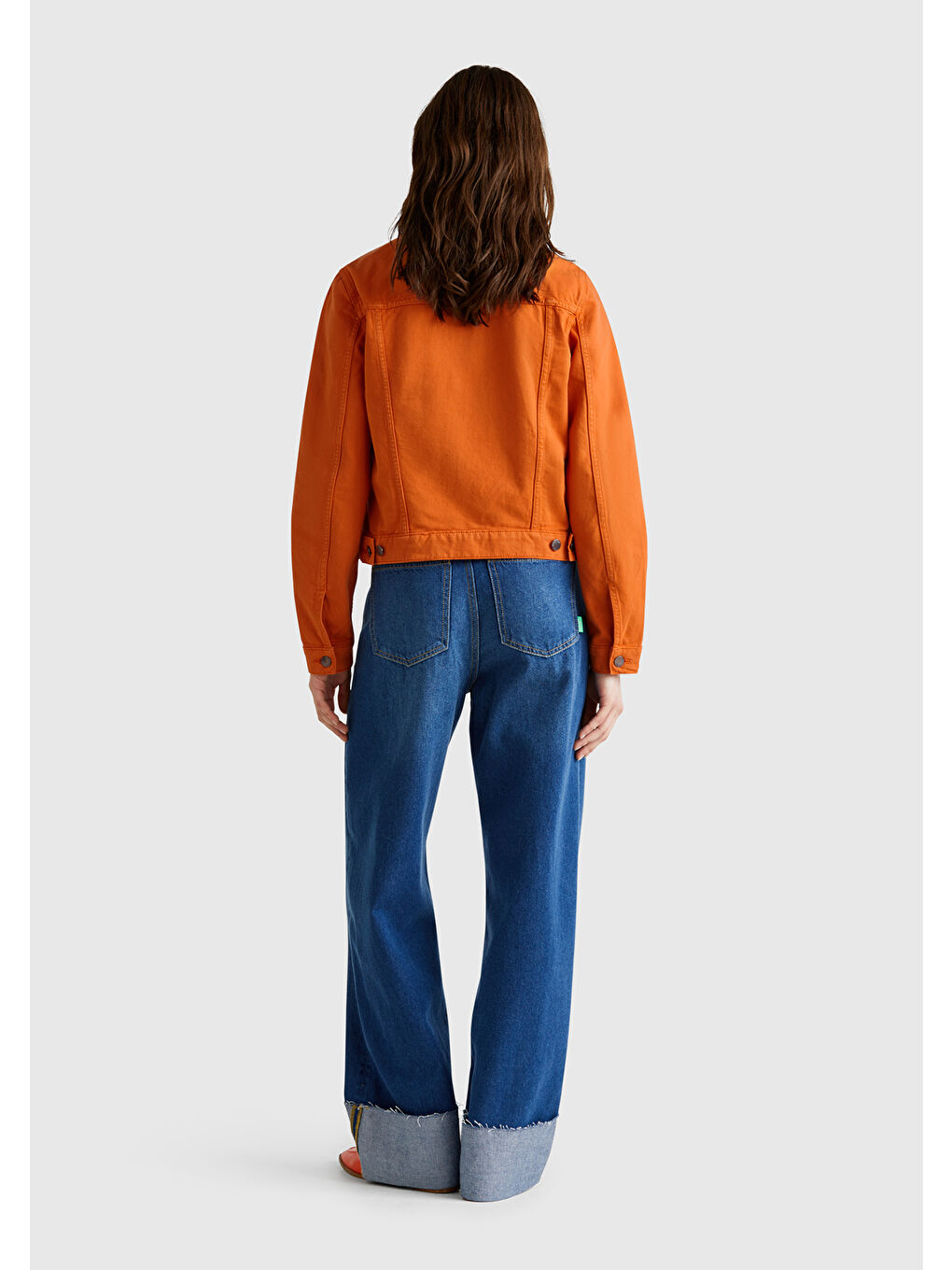 Kadın Turuncu %100 Pamuk Yanları Cepli Straight Fit Denim Ceket-2