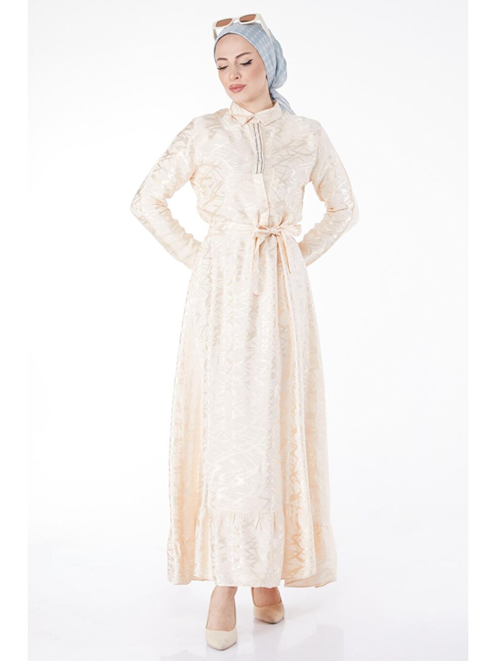 Düz Gömlek Yaka Kadın Bej Taş Detaylı Abiye Elbise - 25191-2