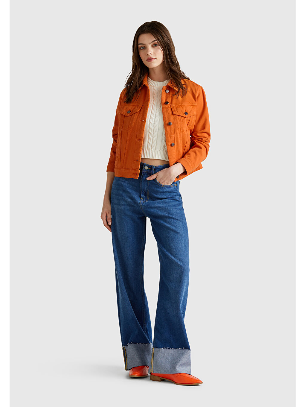 Kadın Turuncu %100 Pamuk Yanları Cepli Straight Fit Denim Ceket-4
